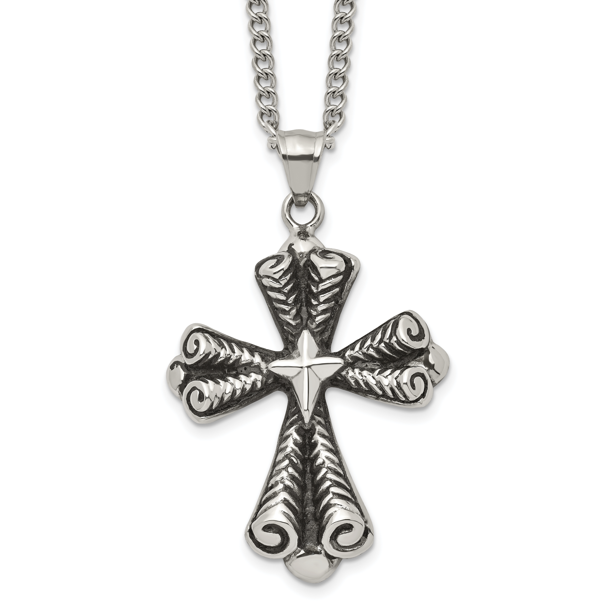 Stainless Steel Antiqued Polished and Textured Cross 24in Necklace Main image