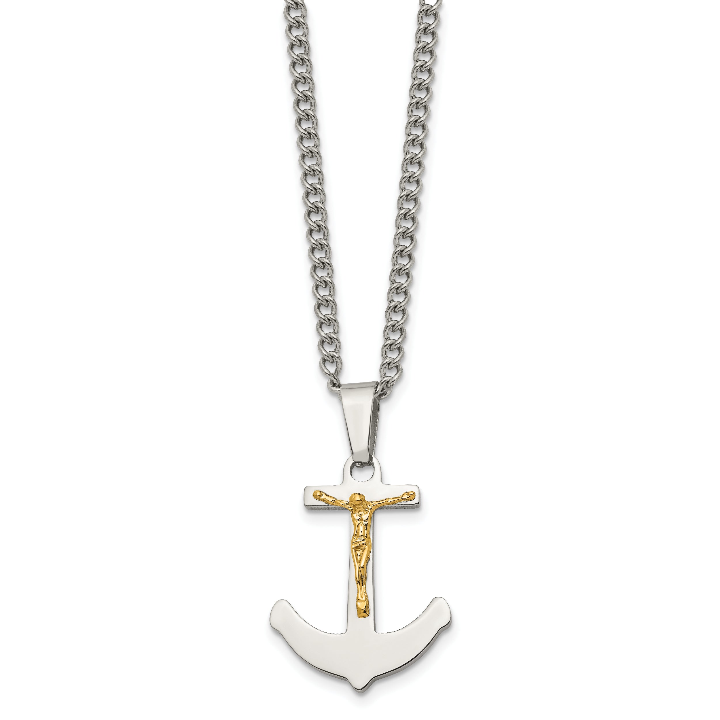 Chisel Stainless Steel Polished with 14k Gold Crucifix Anchor Pendant on a 24 inch Curb Chain Necklace