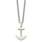 Chisel Stainless Steel Polished with 14k Gold Crucifix Anchor Pendant on a 24 inch Curb Chain Necklace