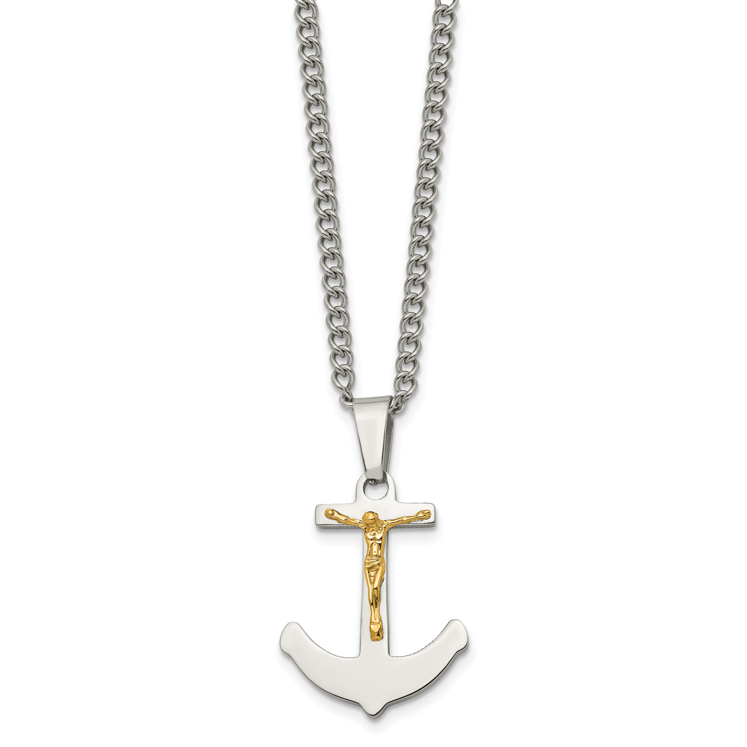 Chisel Stainless Steel Polished with 14k Gold Crucifix Anchor Pendant on a 24 inch Curb Chain Necklace