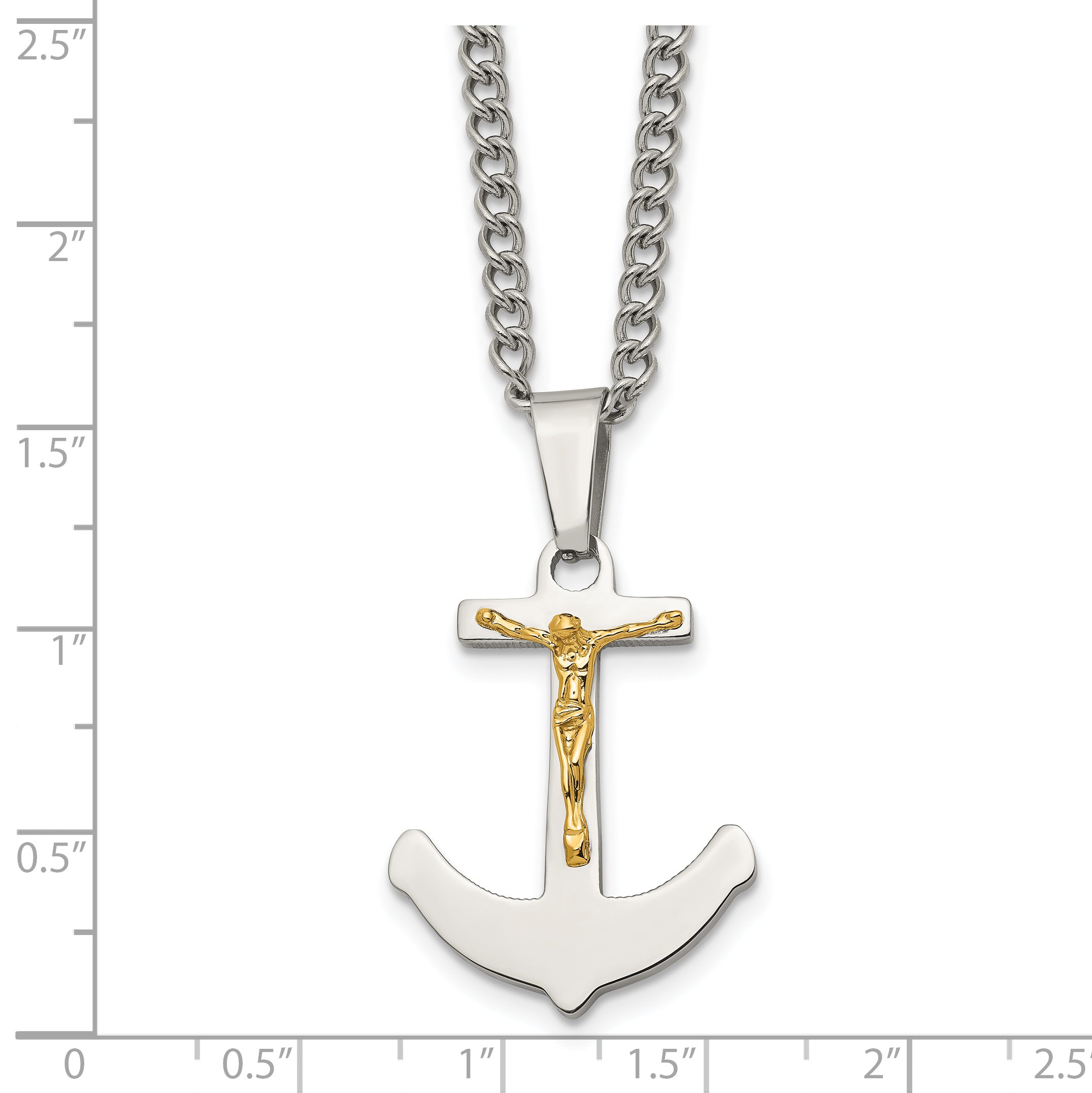 Chisel Stainless Steel Polished with 14k Gold Crucifix Anchor Pendant on a 24 inch Curb Chain Necklace