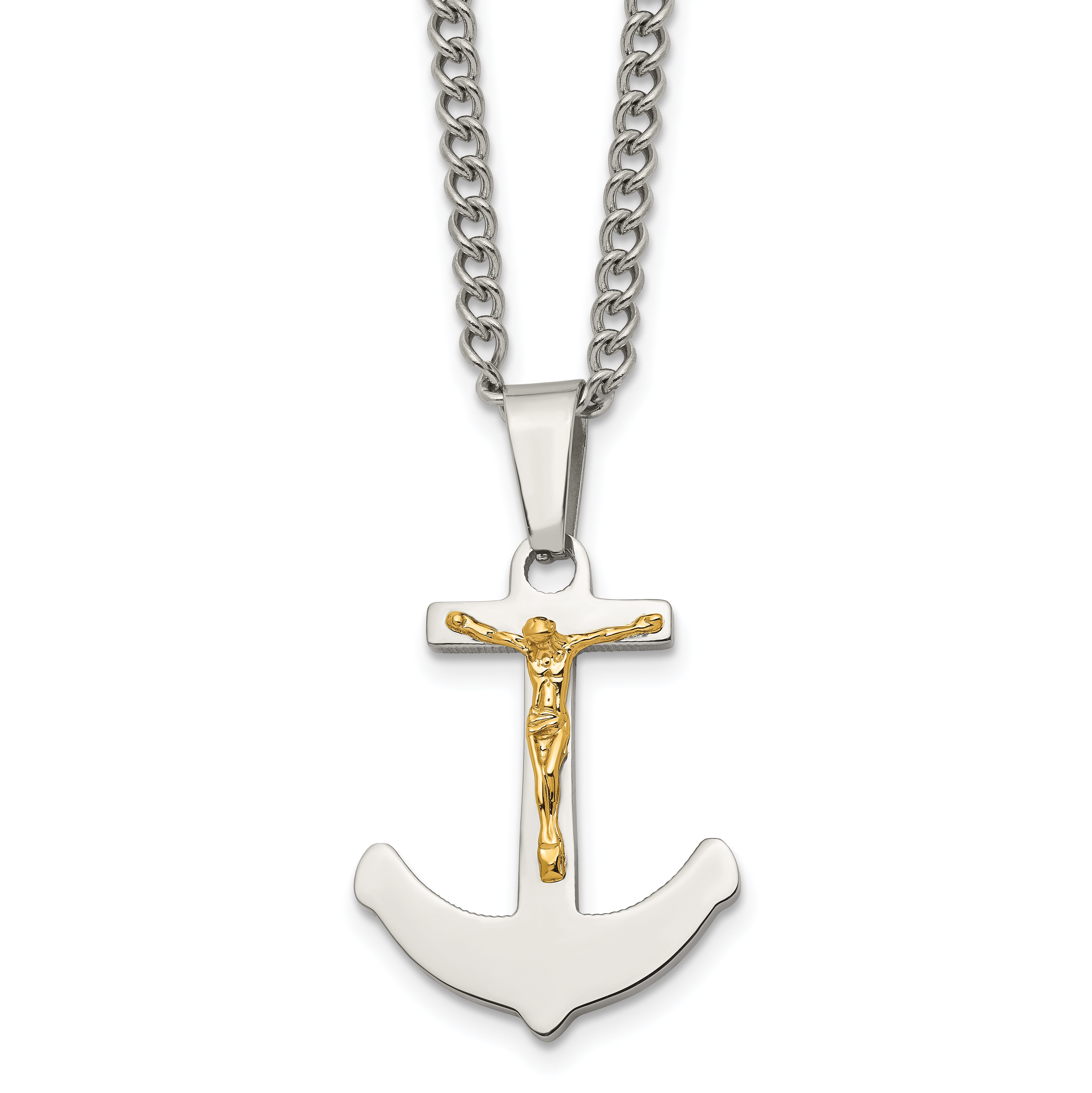 Chisel Stainless Steel Polished with 14k Gold Crucifix Anchor Pendant on a 24 inch Curb Chain Necklace Main image