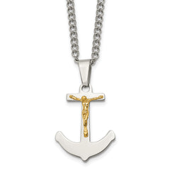 Chisel Stainless Steel Polished with 14k Gold Crucifix Anchor Pendant on a 24 inch Curb Chain Necklace