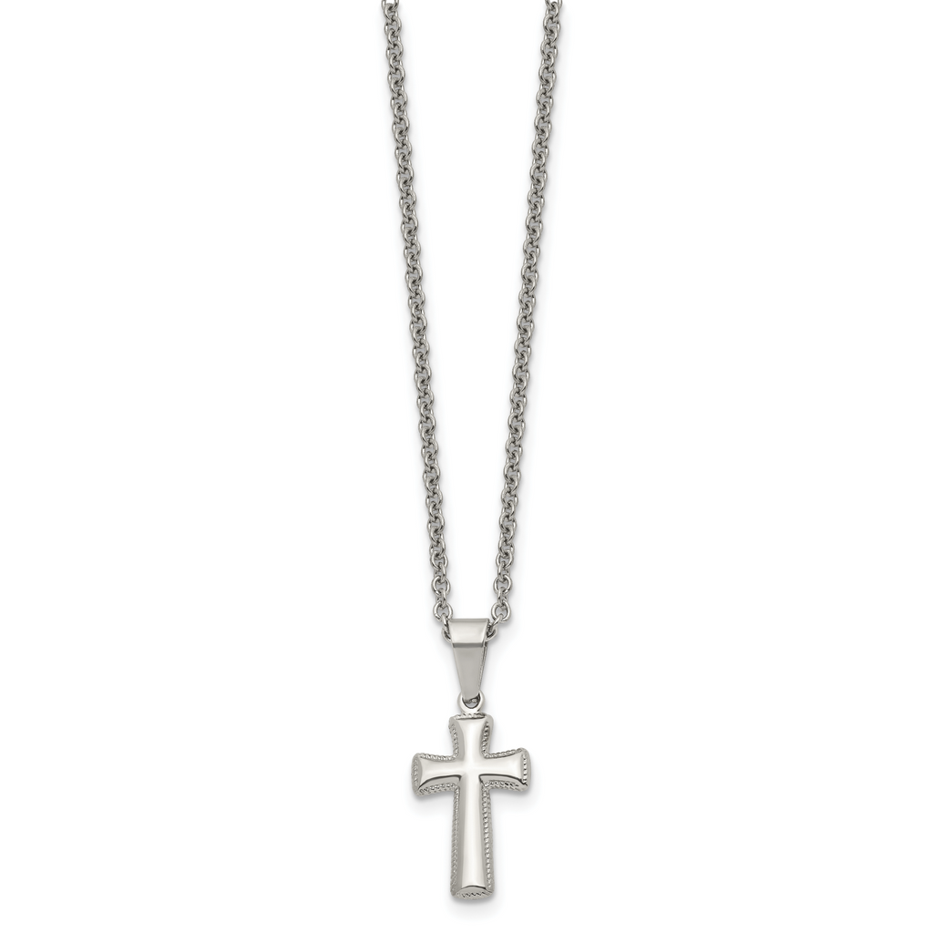Chisel Stainless Steel Polished Small Pillow Cross Pendant on an 18 inch Cable Chain Necklace