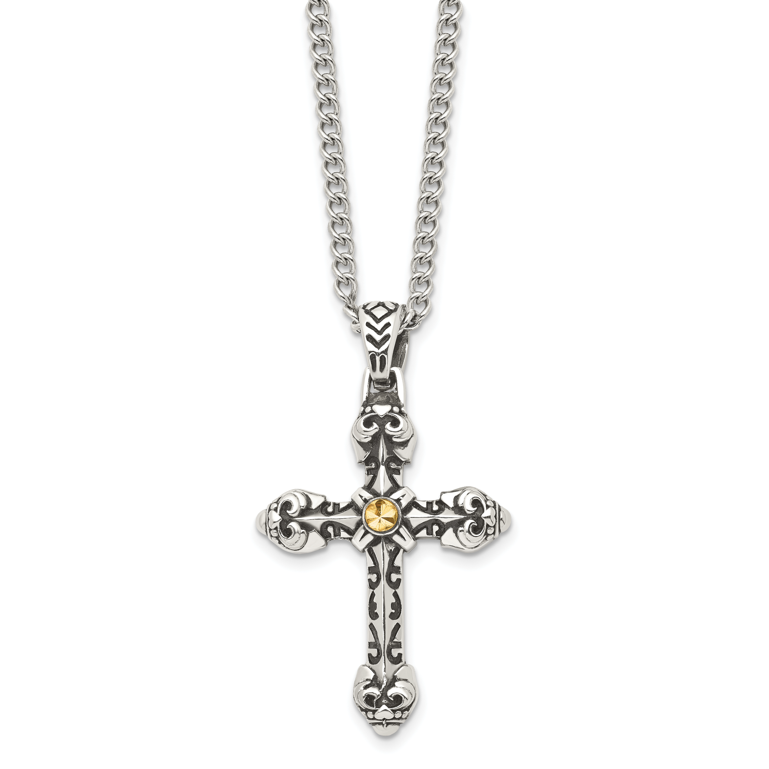 Stainless Steel Antiqued and Polished Yellow IP-plated Cross 24in Necklace Main image