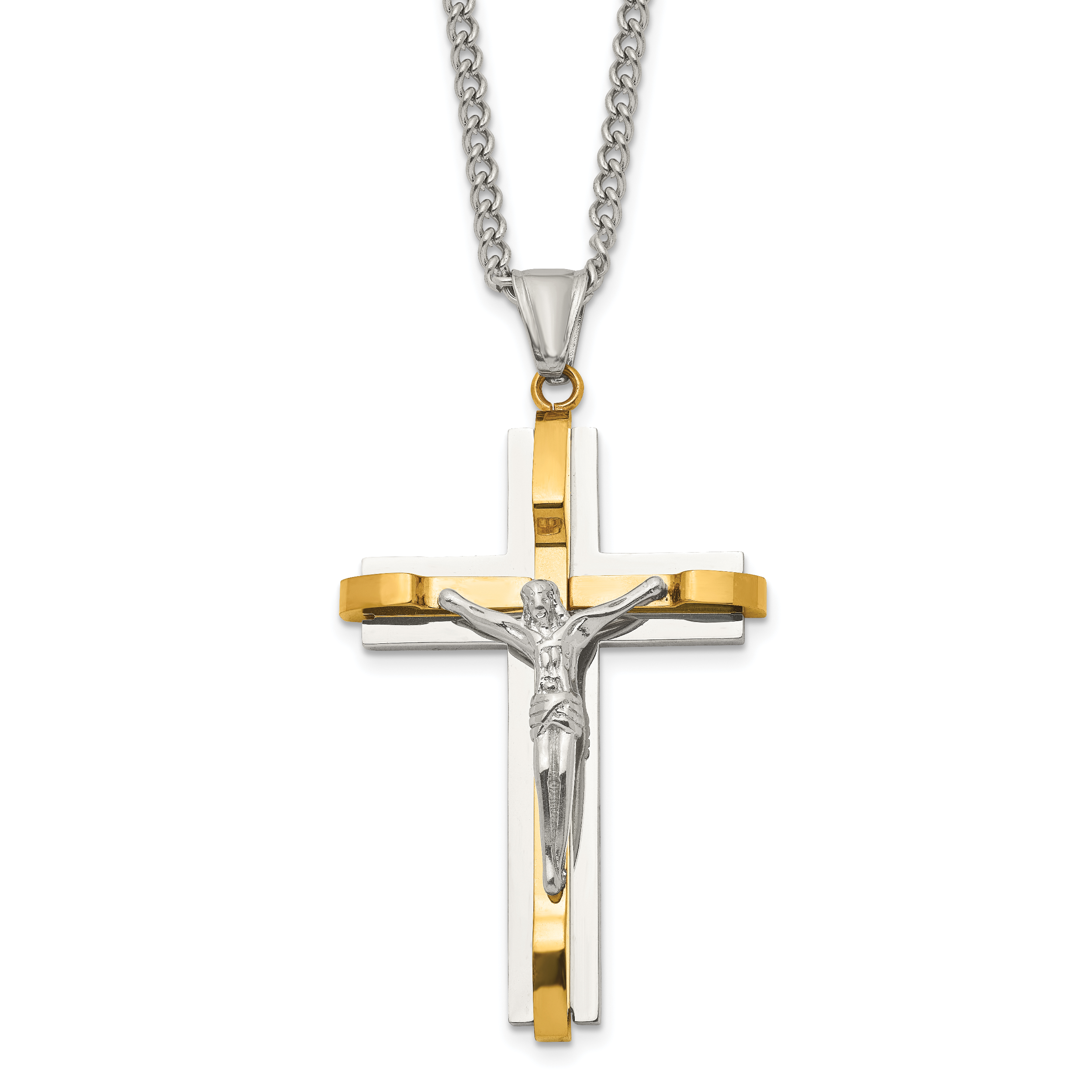 Chisel Stainless Steel Polished Yellow IP-plated Crucifix Pendant on a 24 inch Curb Chain Necklace Main image