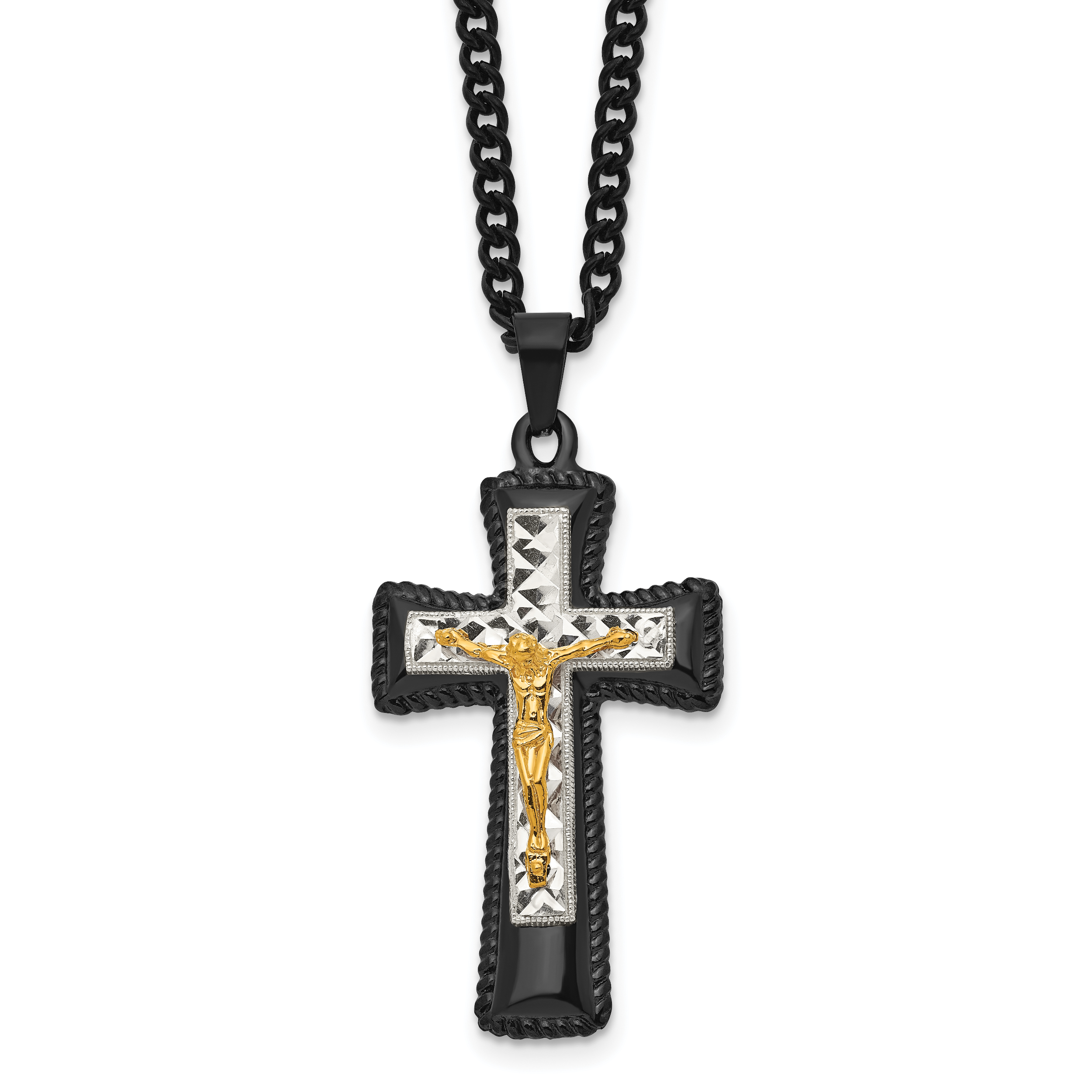 Chisel Stainless Steel Polished Black IP-plated, Gold-plated and Silver-Plated Brass Crucifix on a 24 inch Curb Chain Necklace Main image