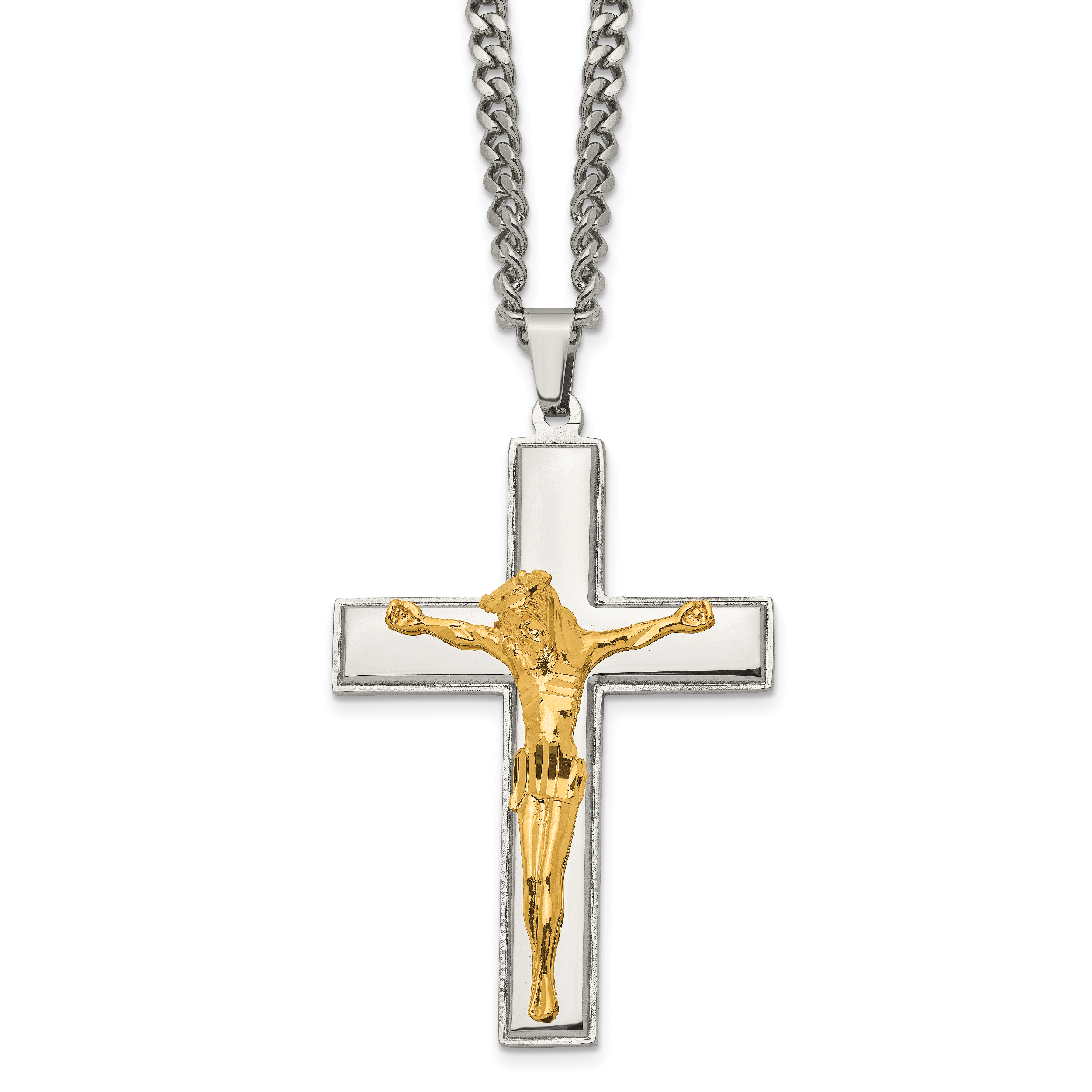 Chisel Stainless Steel Polished Yellow IP-plated Crucifix Pendant on a 24 inch Curb Chain Necklace Main image