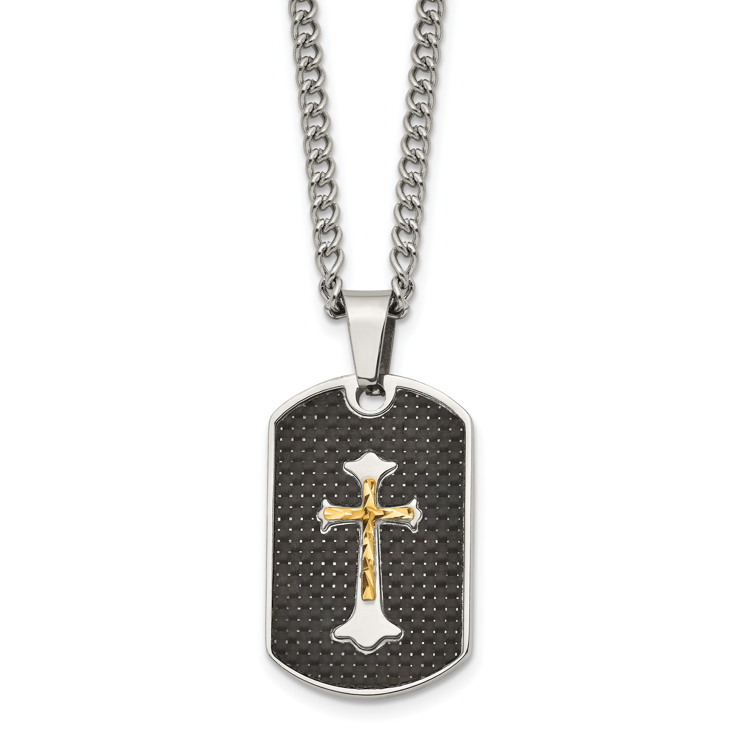 Chisel Stainless Steel Polished with Sterling Silver and Carbon Fiber Inlay Yellow IP-plated Cross on a 24 inch Curb Chain Necklace Main image