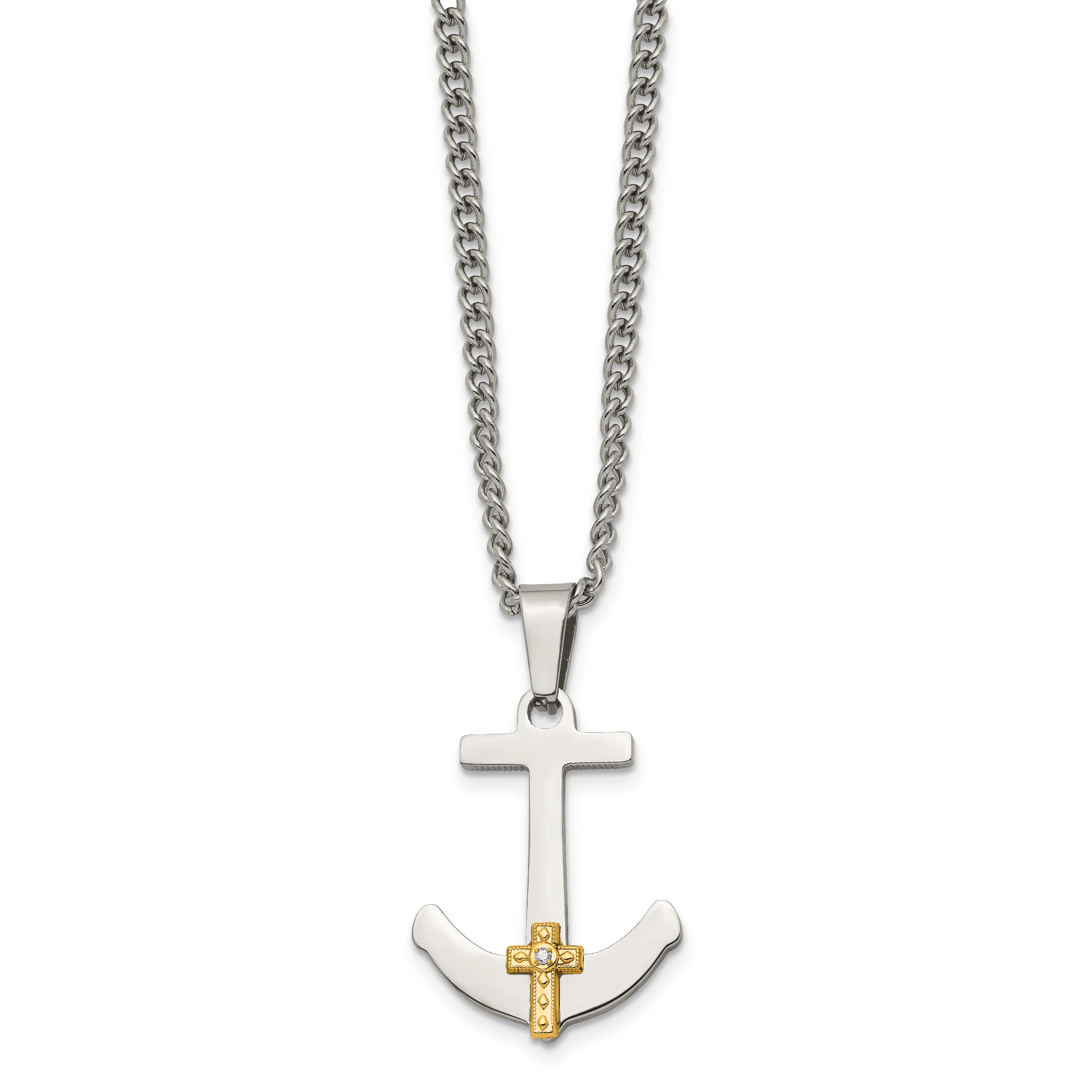 Chisel Stainless Steel Polished with 14k Gold and .02 Carat Diamond Anchor Mariner Cross Pendant on a 24 inch Curb Chain Necklace