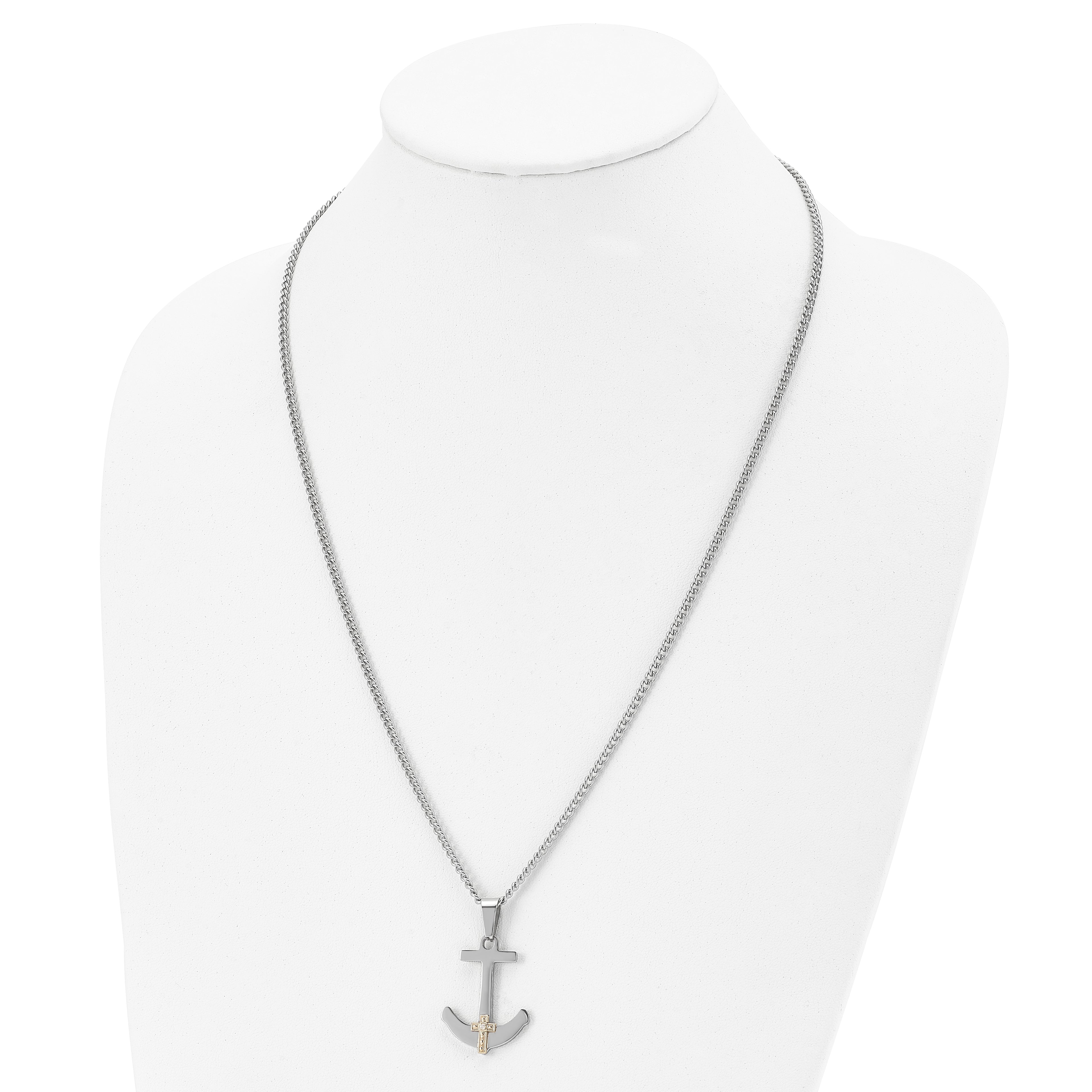 Chisel Stainless Steel Polished with 14k Gold and .02 Carat Diamond Anchor Mariner Cross Pendant on a 24 inch Curb Chain Necklace