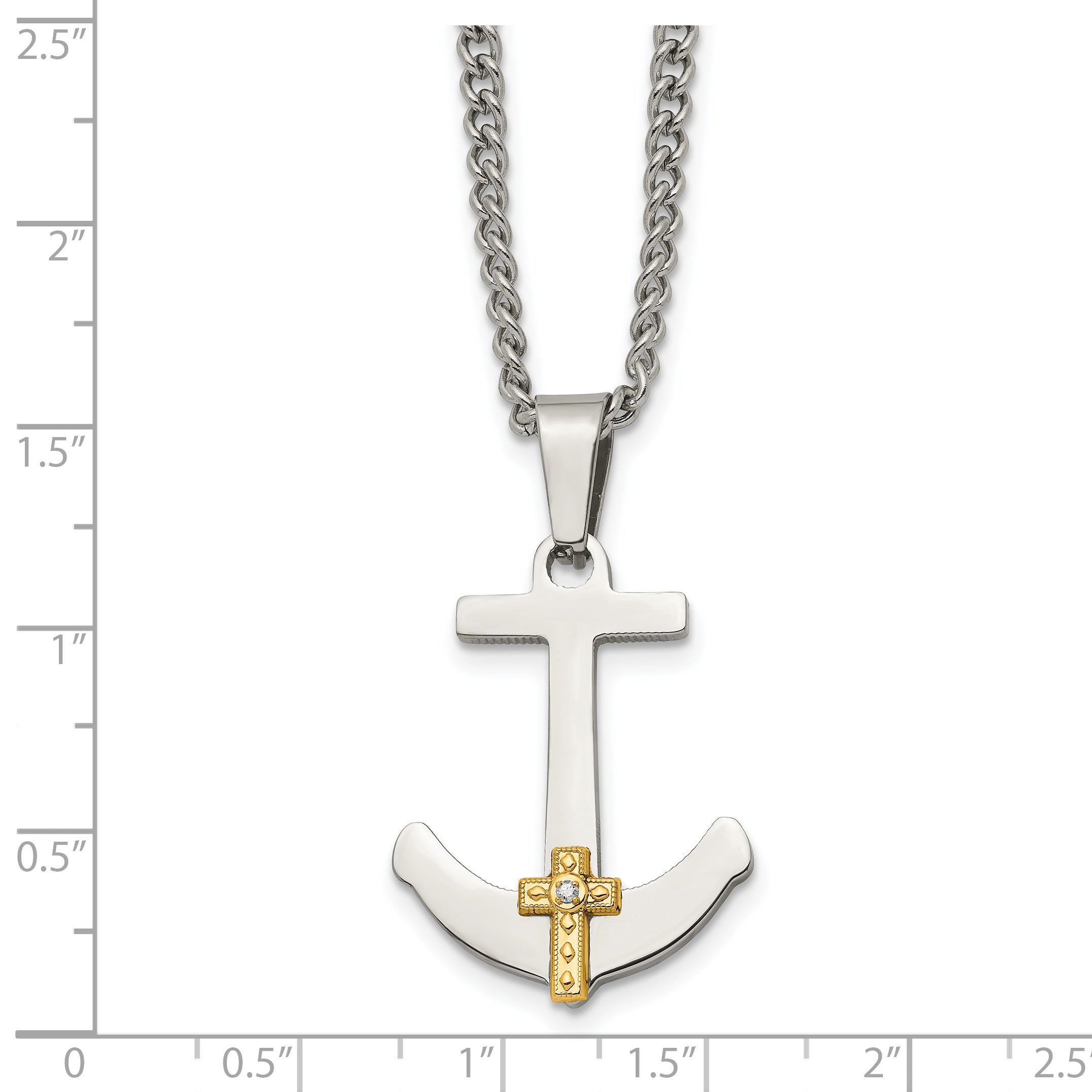 Chisel Stainless Steel Polished with 14k Gold and .02 Carat Diamond Anchor Mariner Cross Pendant on a 24 inch Curb Chain Necklace