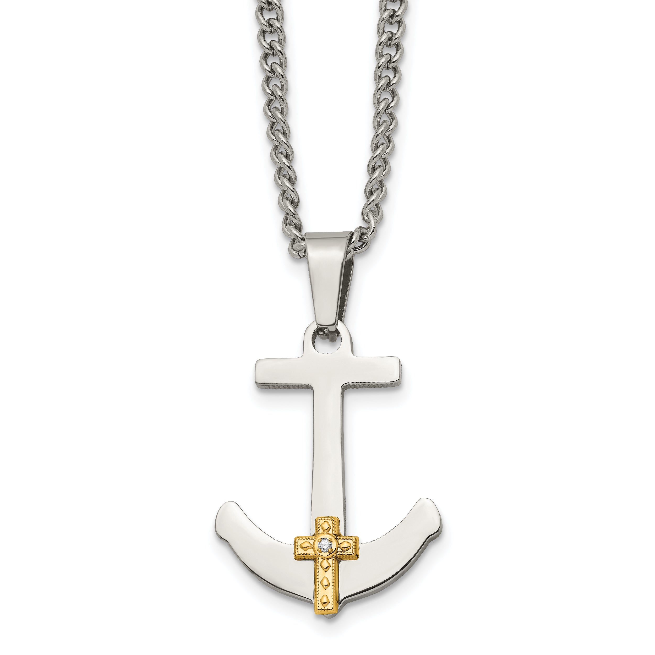 Chisel Stainless Steel Polished with 14k Gold and .02 Carat Diamond Anchor Mariner Cross Pendant on a 24 inch Curb Chain Necklace