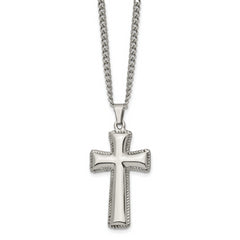 Chisel Stainless Steel Polished Pillow Cross Pendnat on a 24 inch Curb Chain Necklace