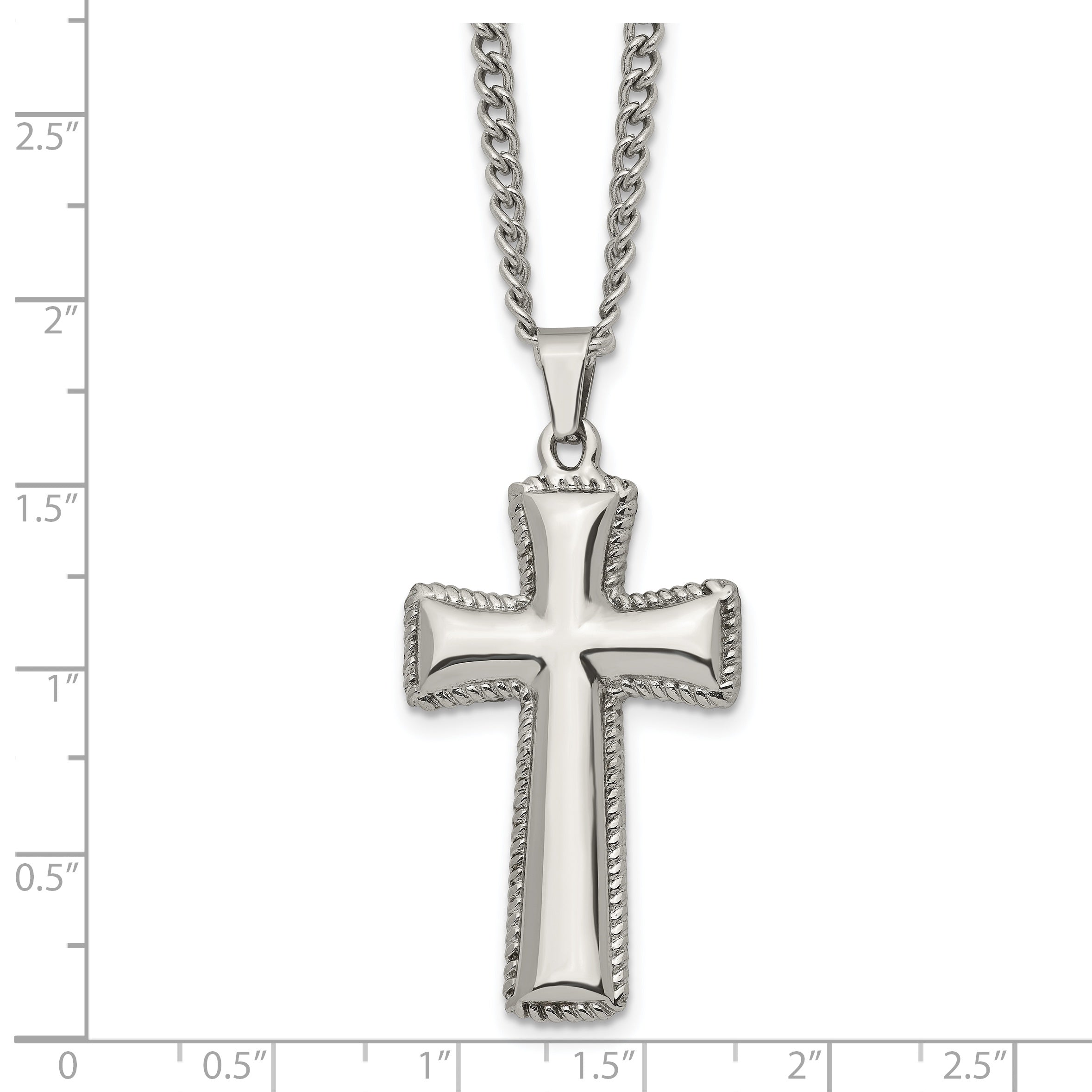 Chisel Stainless Steel Polished Pillow Cross Pendnat on a 24 inch Curb Chain Necklace