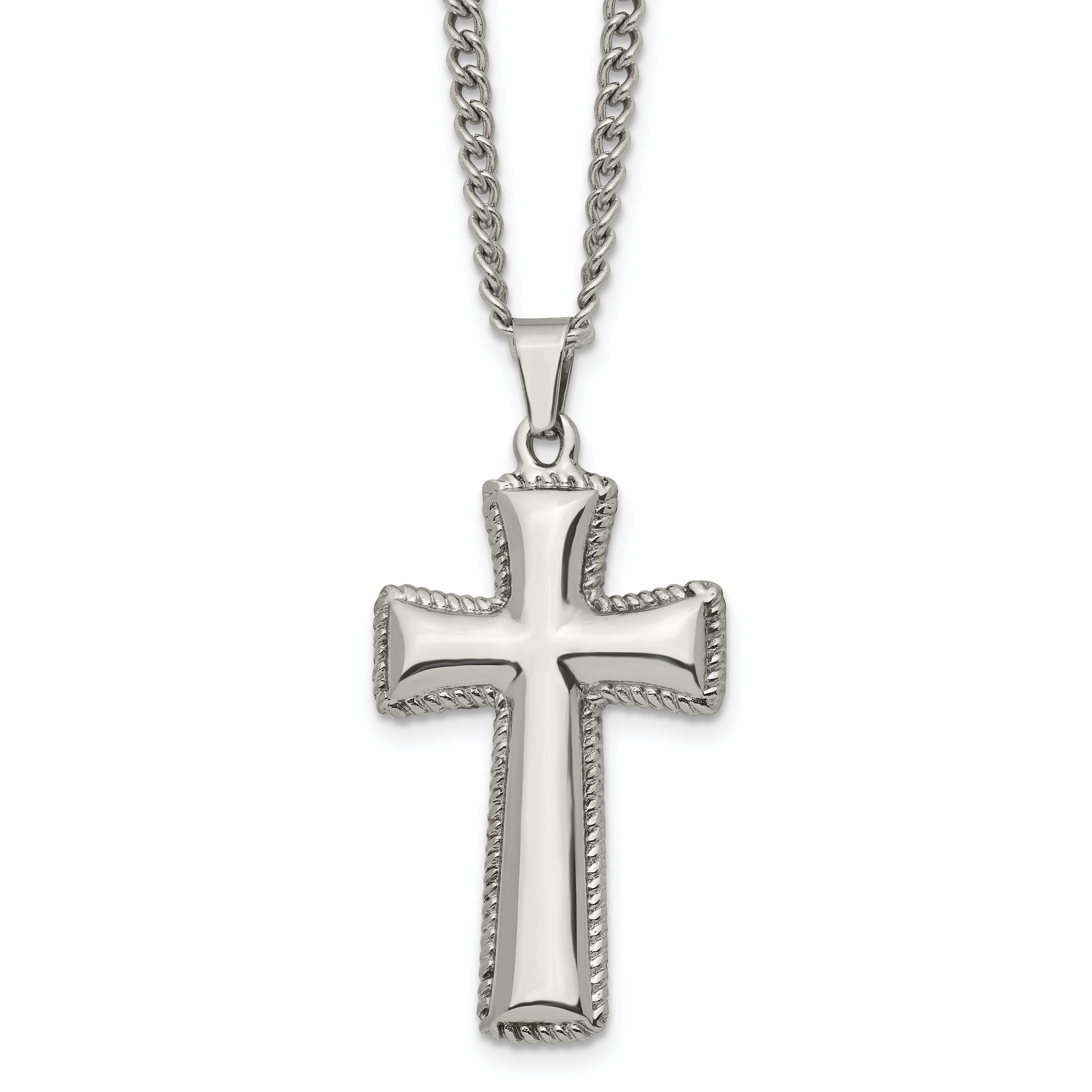 Chisel Stainless Steel Polished Pillow Cross Pendnat on a 24 inch Curb Chain Necklace Main image