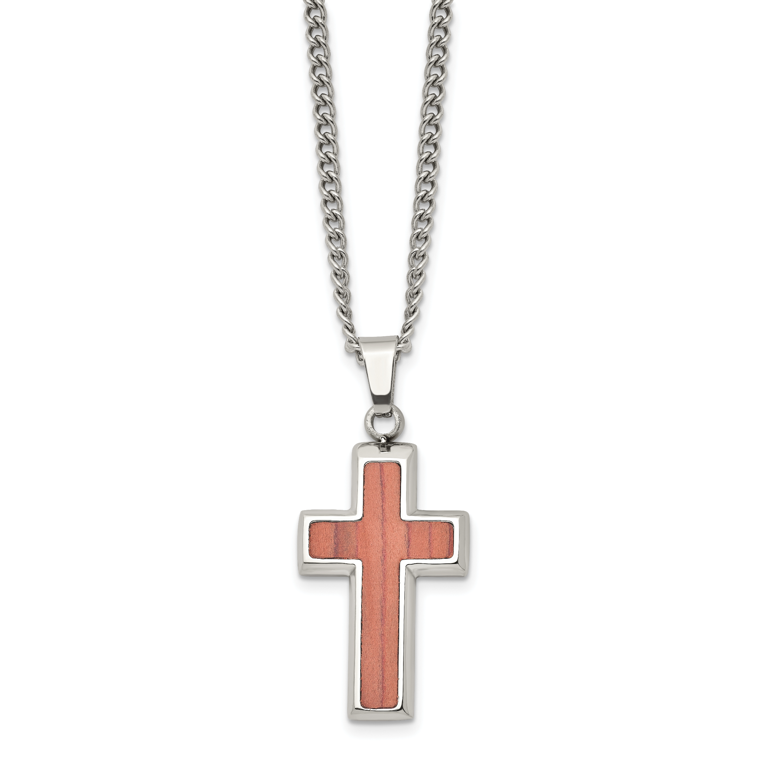Stainless Steel Polished w/Wood Inlay Cross 24in Necklace