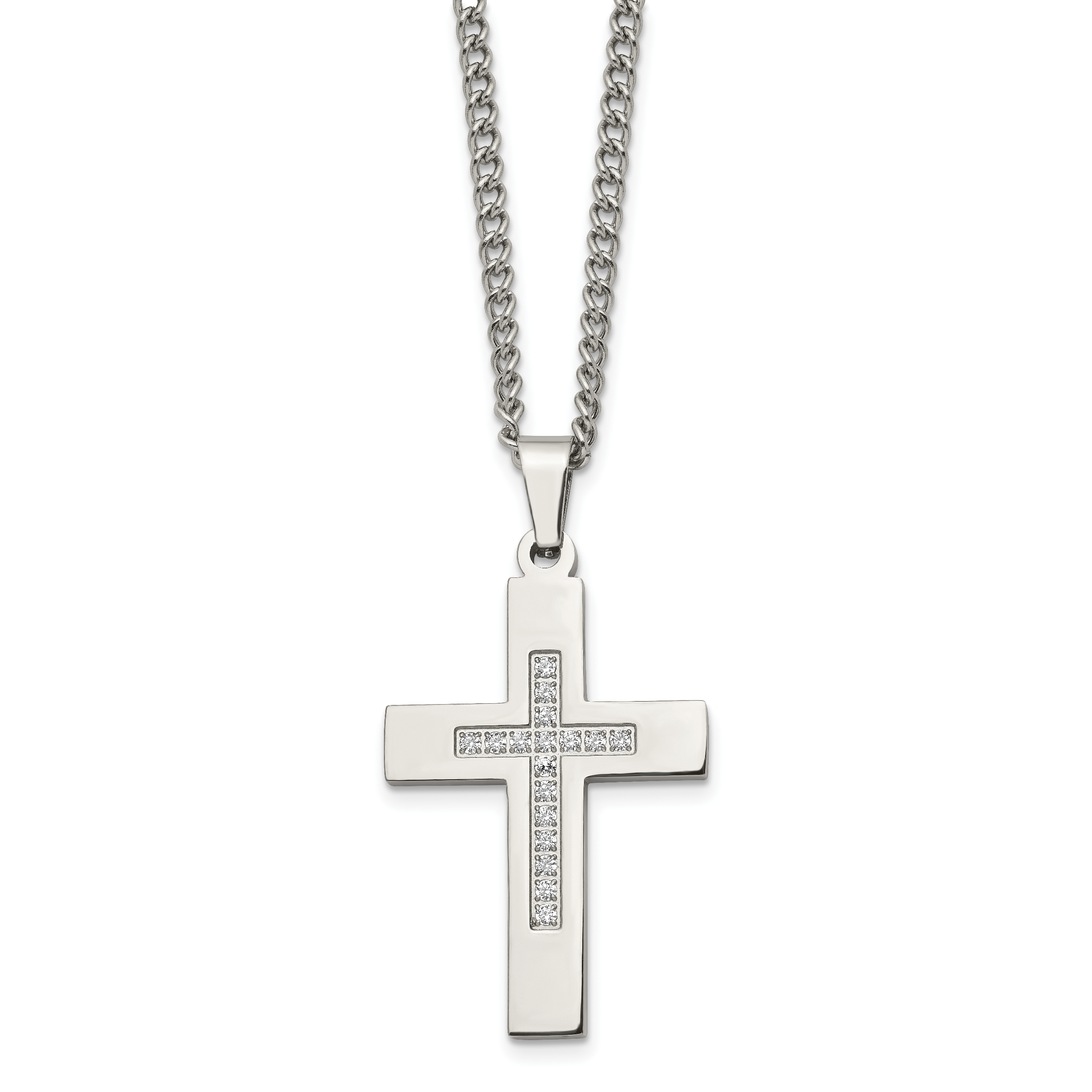 Chisel Stainless Steel Polished with CZ Cross Pendant on a 24 inch Cable Chain Necklace