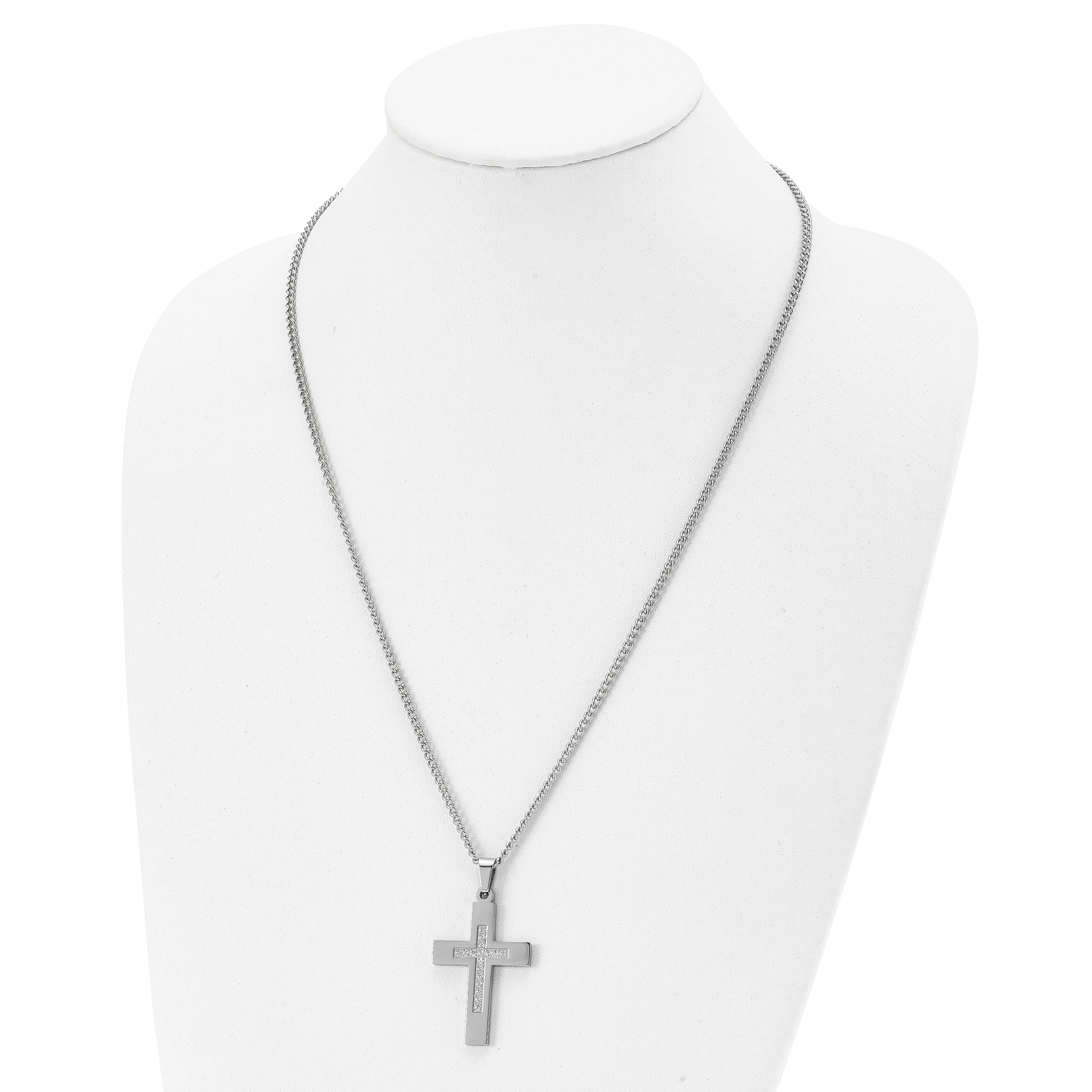 Chisel Stainless Steel Polished with CZ Cross Pendant on a 24 inch Cable Chain Necklace