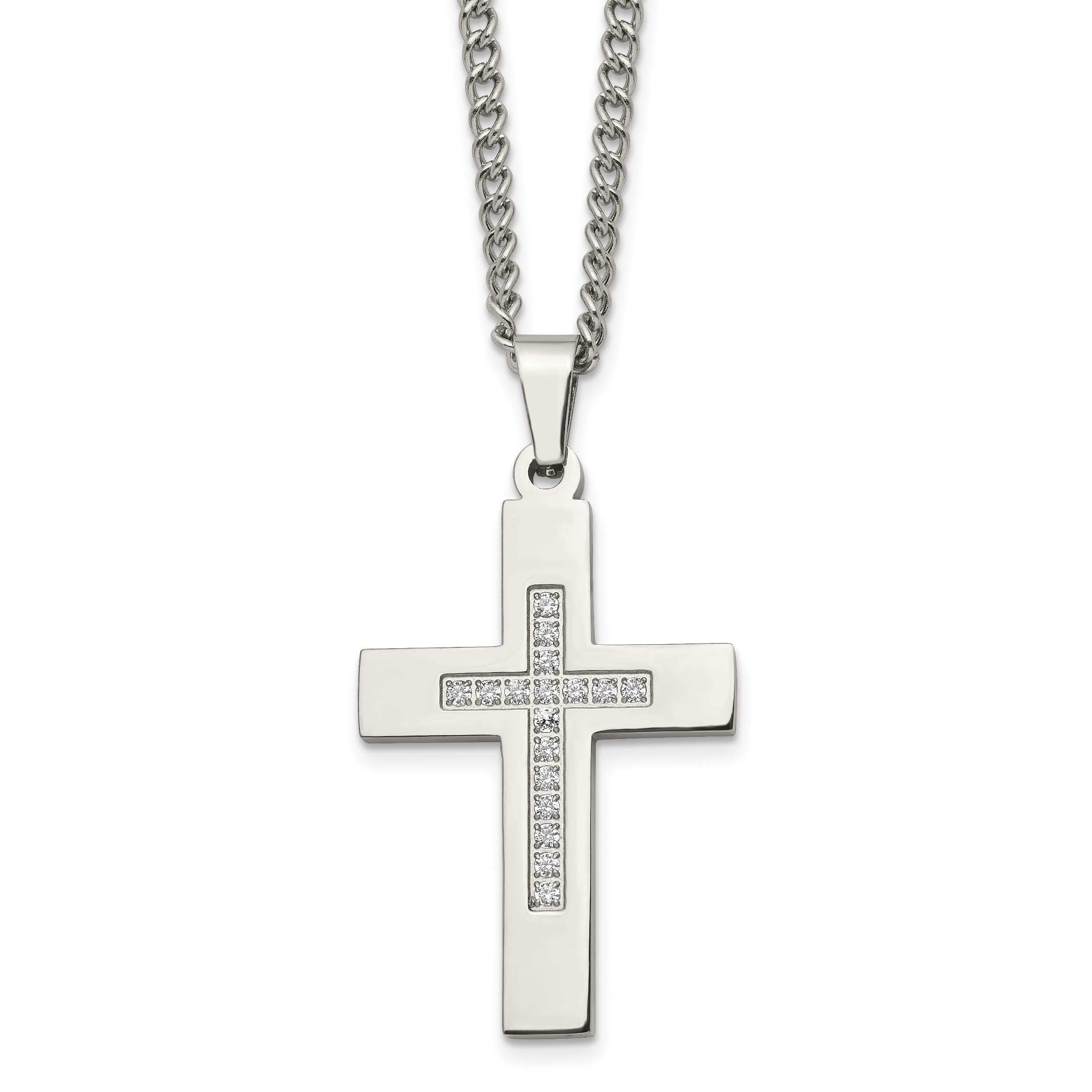 Chisel Stainless Steel Polished with CZ Cross Pendant on a 24 inch Cable Chain Necklace Main image