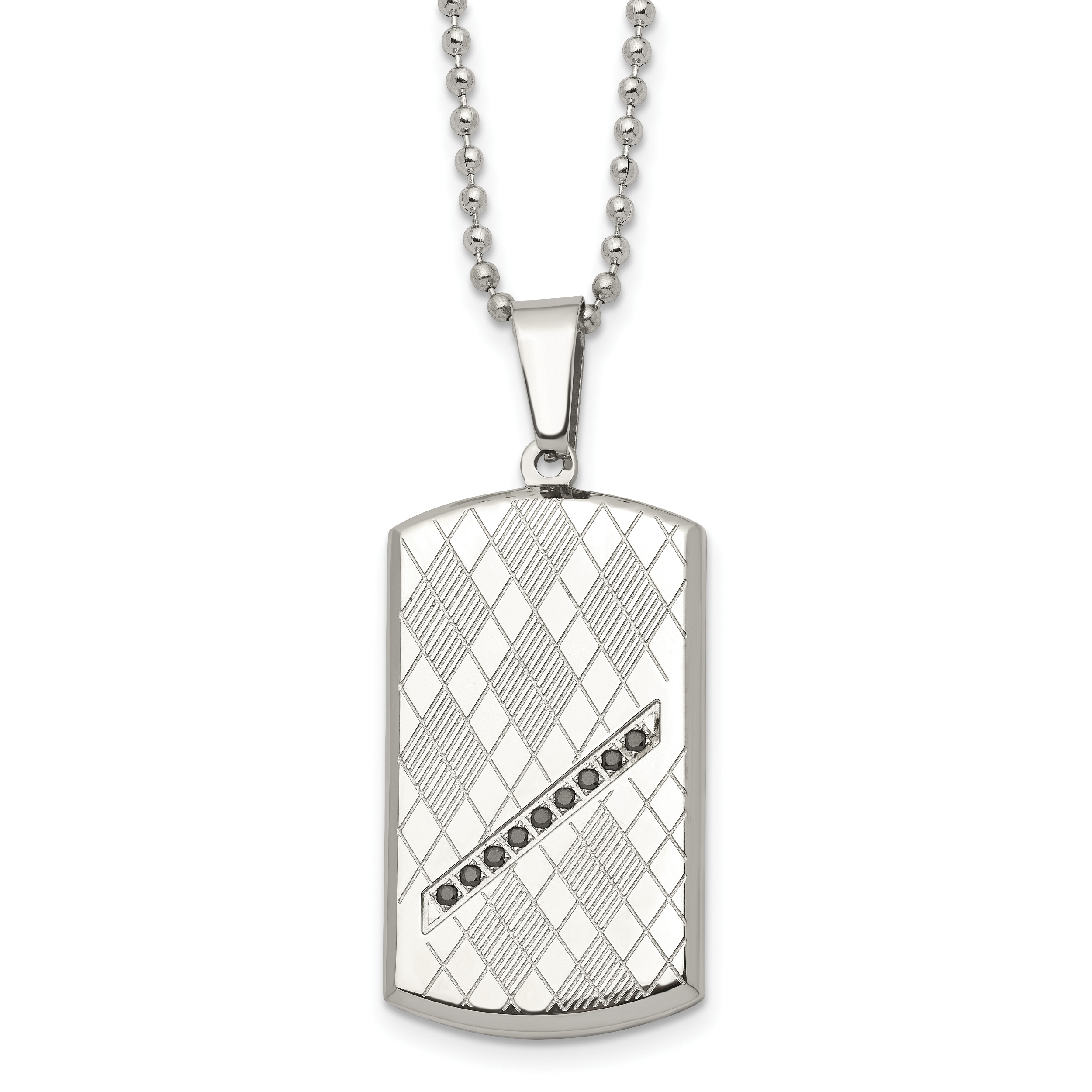 Stainless Steel 22in Polished & Textured w/Black CZ Dog Tag Necklace Main image