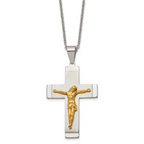 Chisel Stainless Steel Brushed and Polished Yellow IP-plated Crucifix Pendant on a 20 inch Curb Chain Necklace