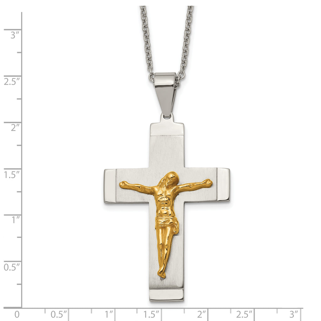 Chisel Stainless Steel Brushed and Polished Yellow IP-plated Crucifix Pendant on a 20 inch Curb Chain Necklace