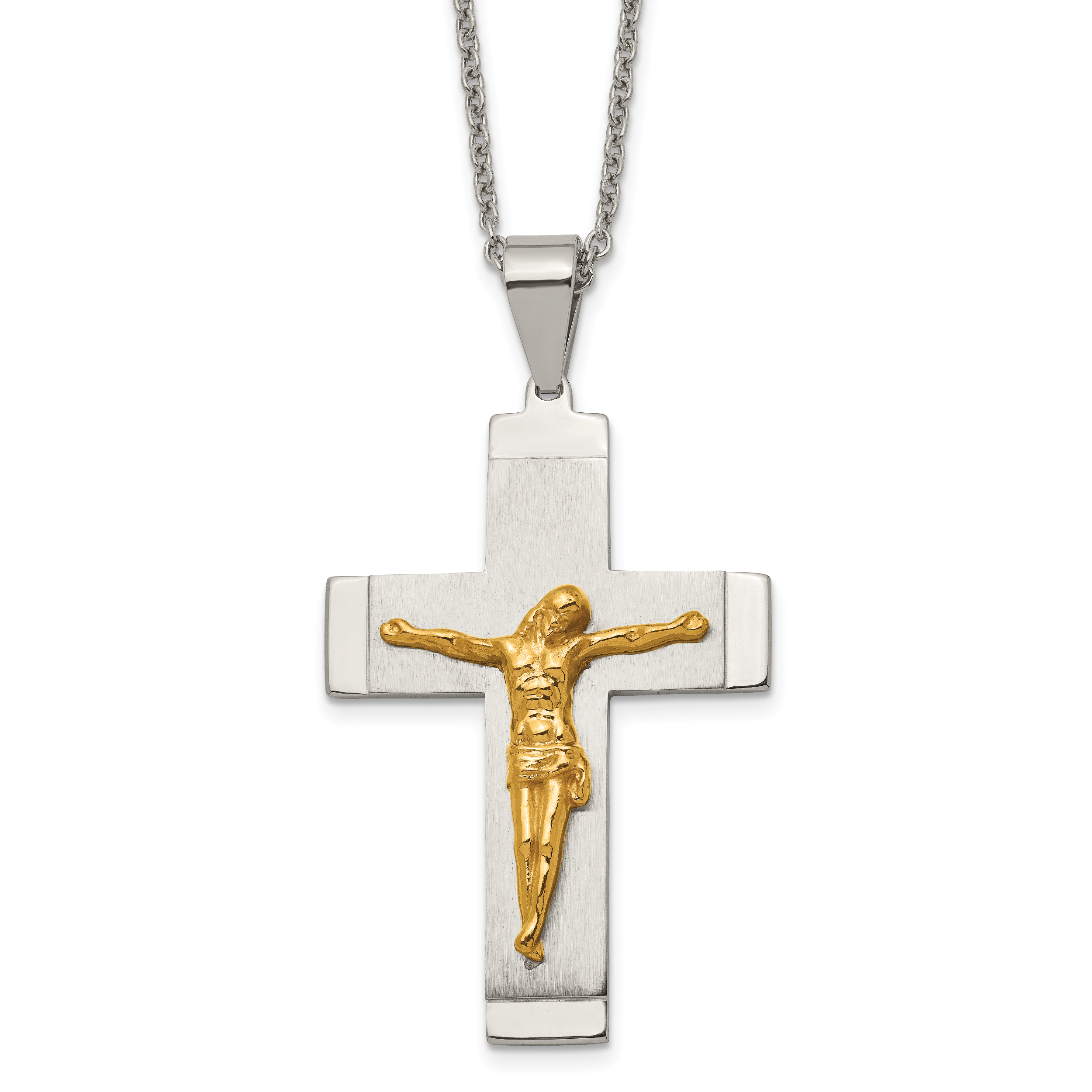 Chisel Stainless Steel Brushed and Polished Yellow IP-plated Crucifix Pendant on a 20 inch Curb Chain Necklace Main image
