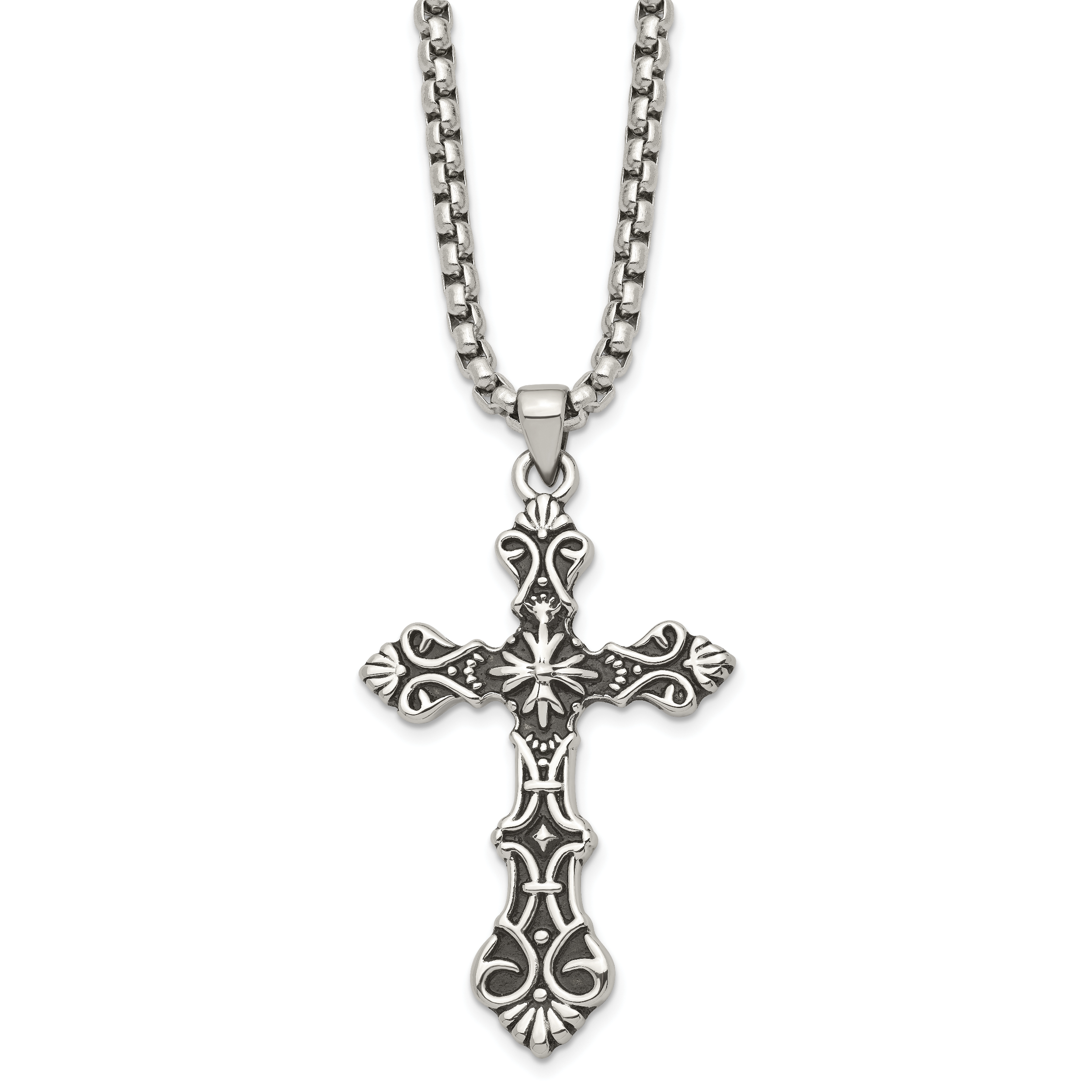 Stainless Steel Antiqued Polished and Textured Cross 24in Necklace Main image