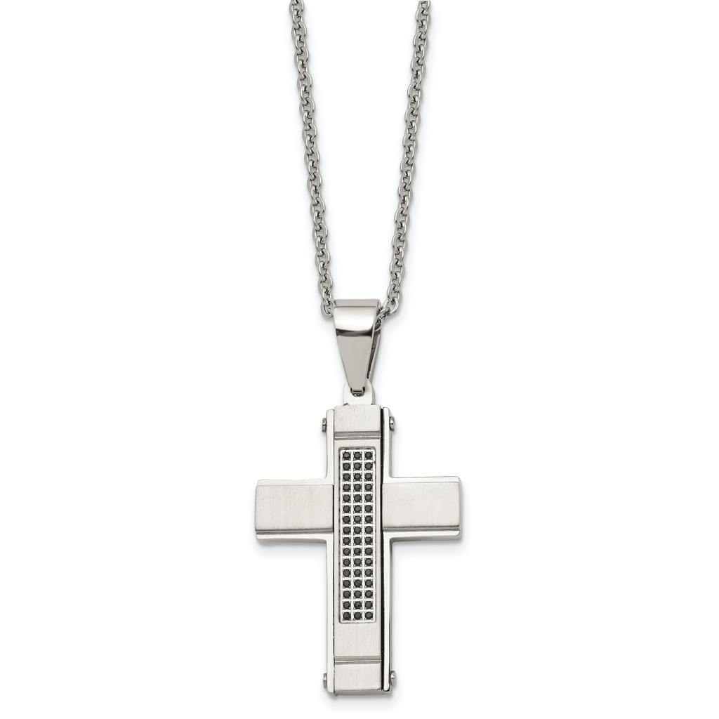 Stainless Steel Brushed and Polished w/Black CZ Cross 24in Necklace