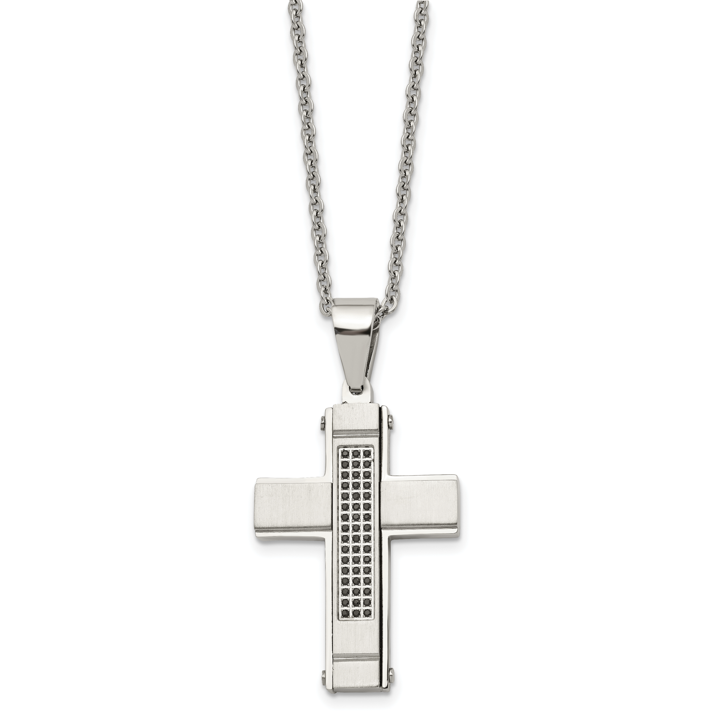 Stainless Steel Brushed and Polished w/Black CZ Cross 24in Necklace