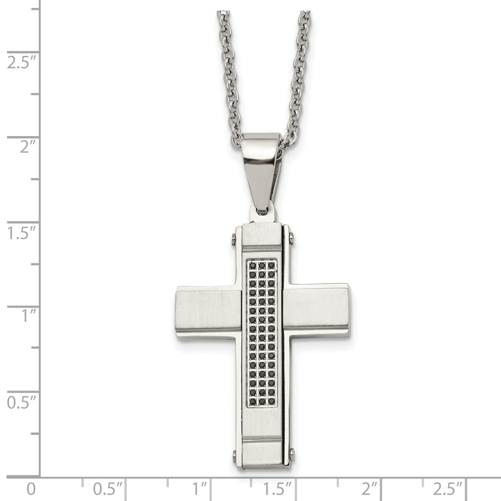 Stainless Steel Brushed and Polished w/Black CZ Cross 24in Necklace
