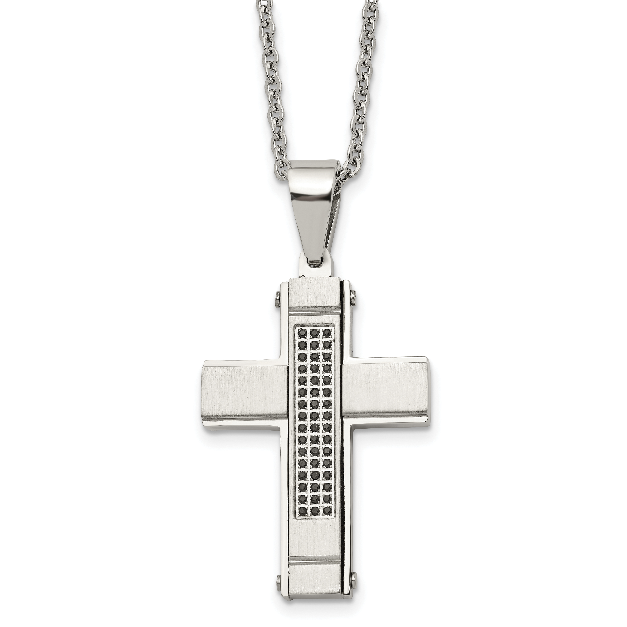 Stainless Steel Brushed and Polished w/Black CZ Cross 24in Necklace Main image