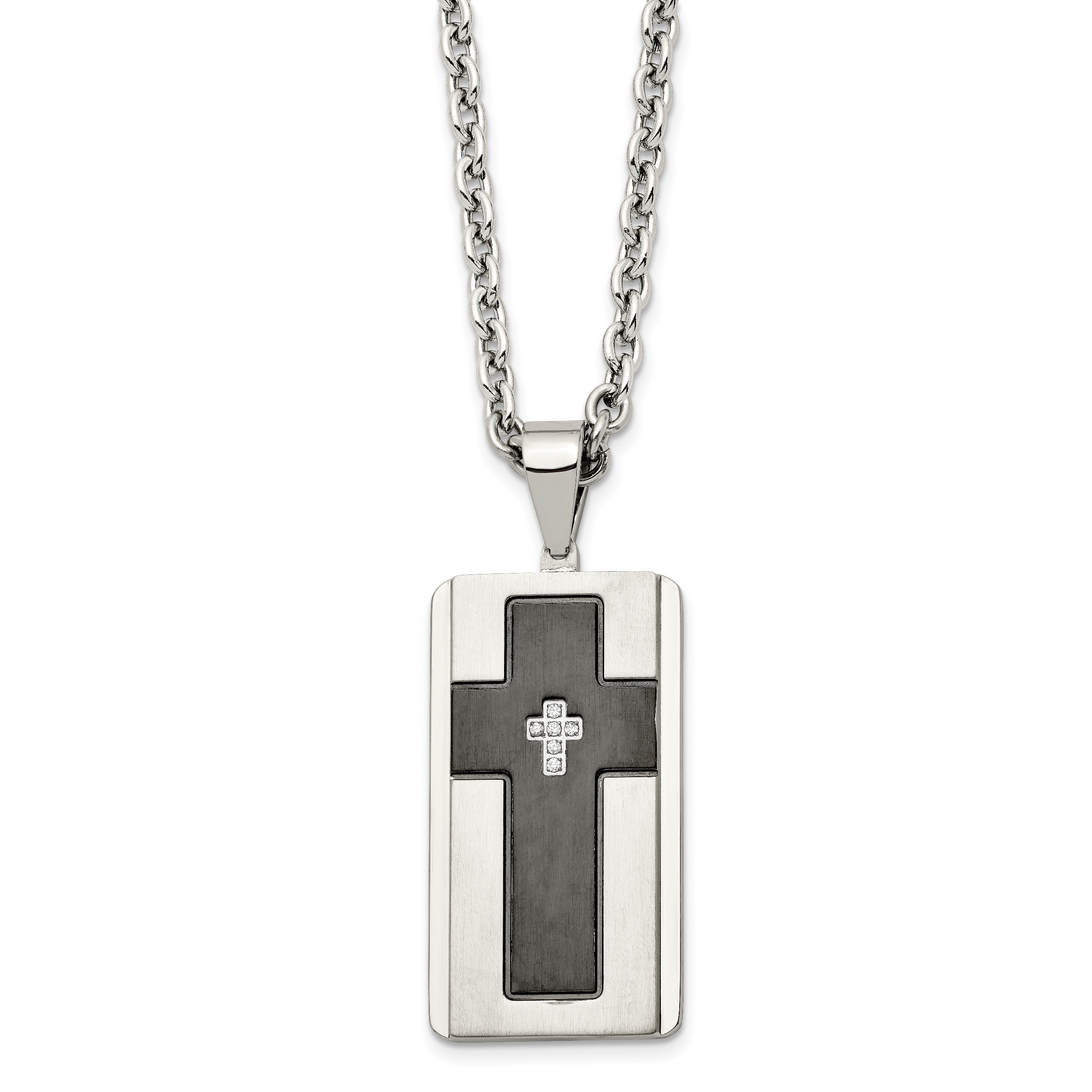 Stainless Steel Brushed & Polished Black IP-plated w/CZ Cross Necklace Main image