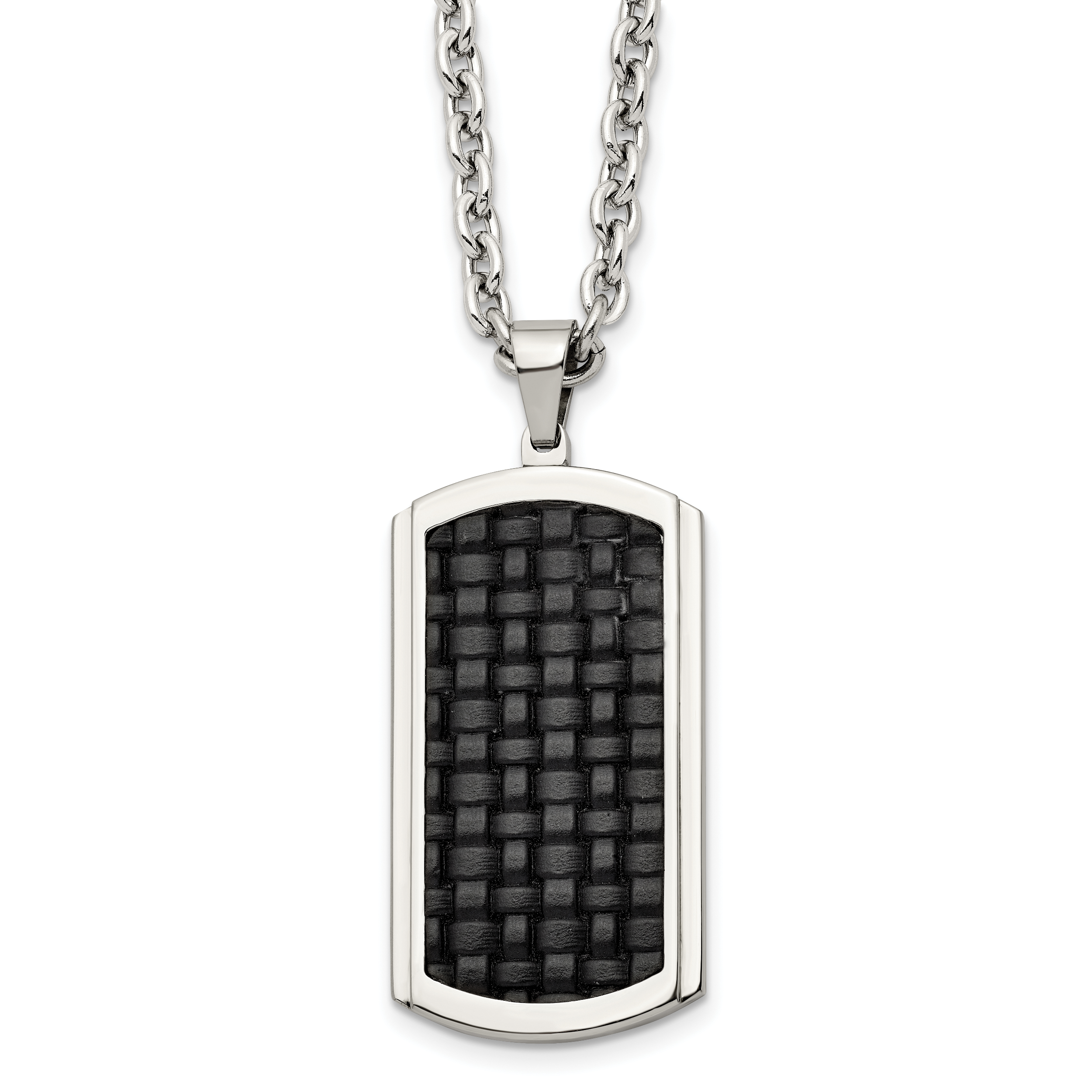 Stainless Steel Polished & Textured Leather Inlay Dog Tag 24in Necklace Main image