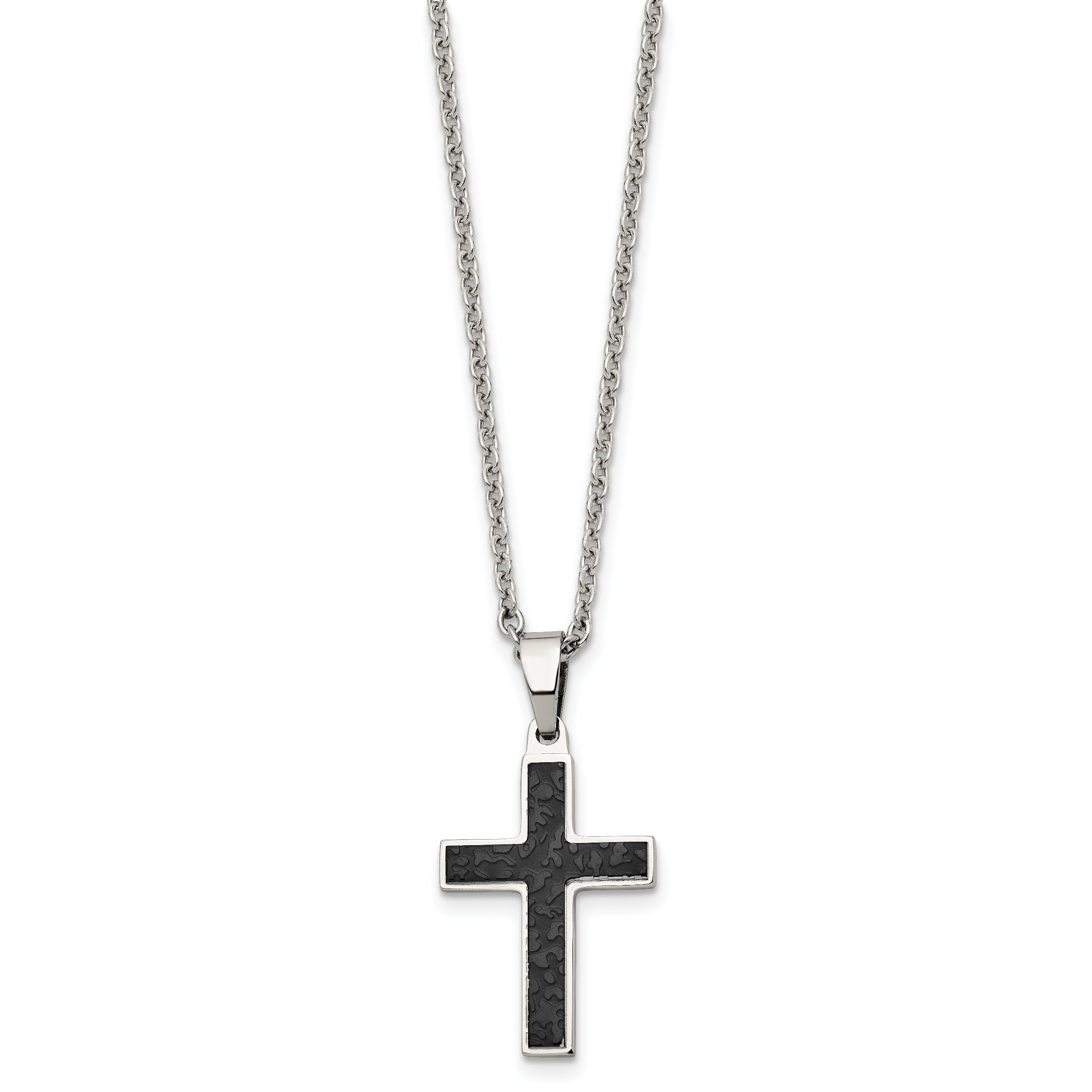 Chisel Stainless Steel Polished and Textured Black IP-plated Cross Pendant on a 24 inch Cable Chain Necklace