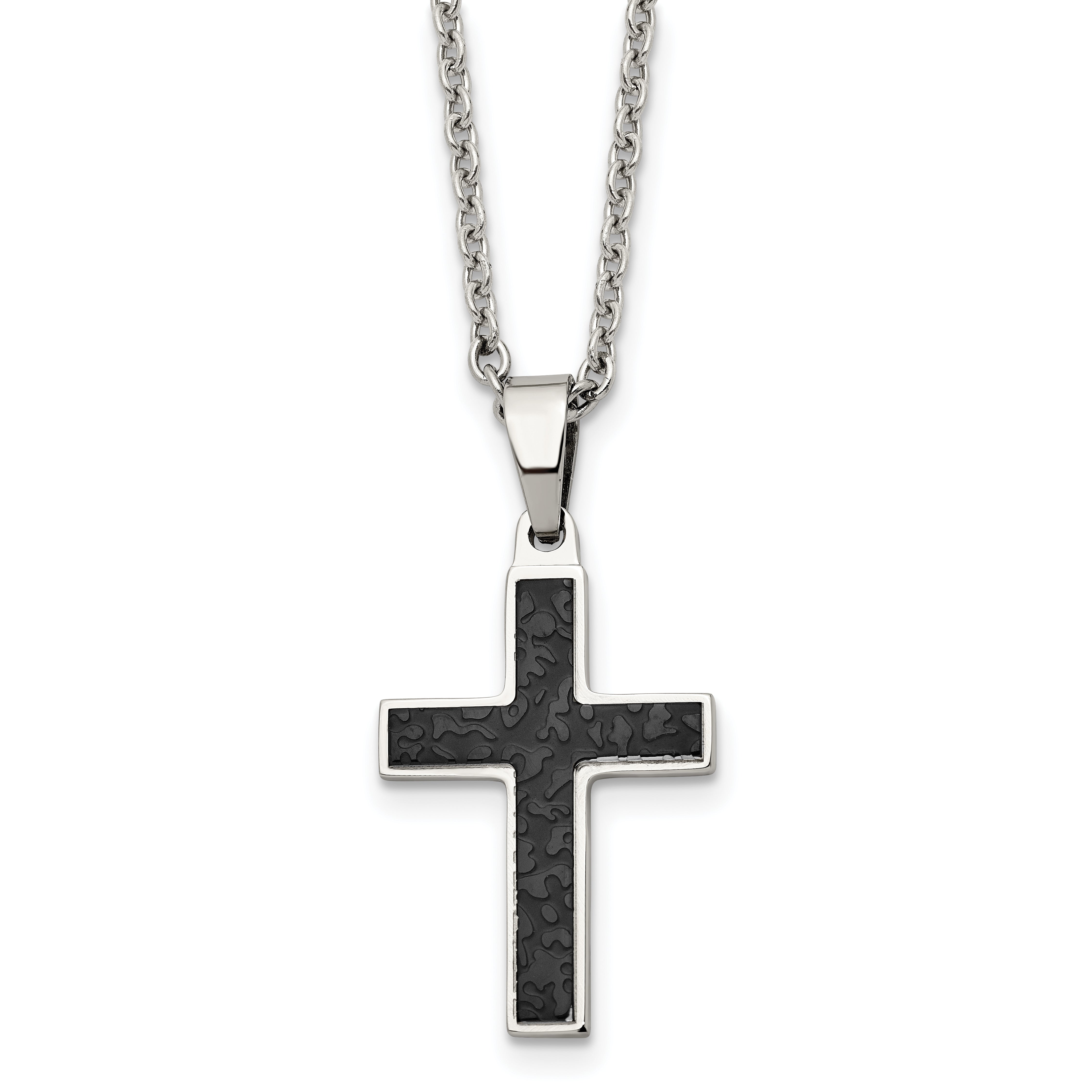 Chisel Stainless Steel Polished and Textured Black IP-plated Cross Pendant on a 24 inch Cable Chain Necklace Main image
