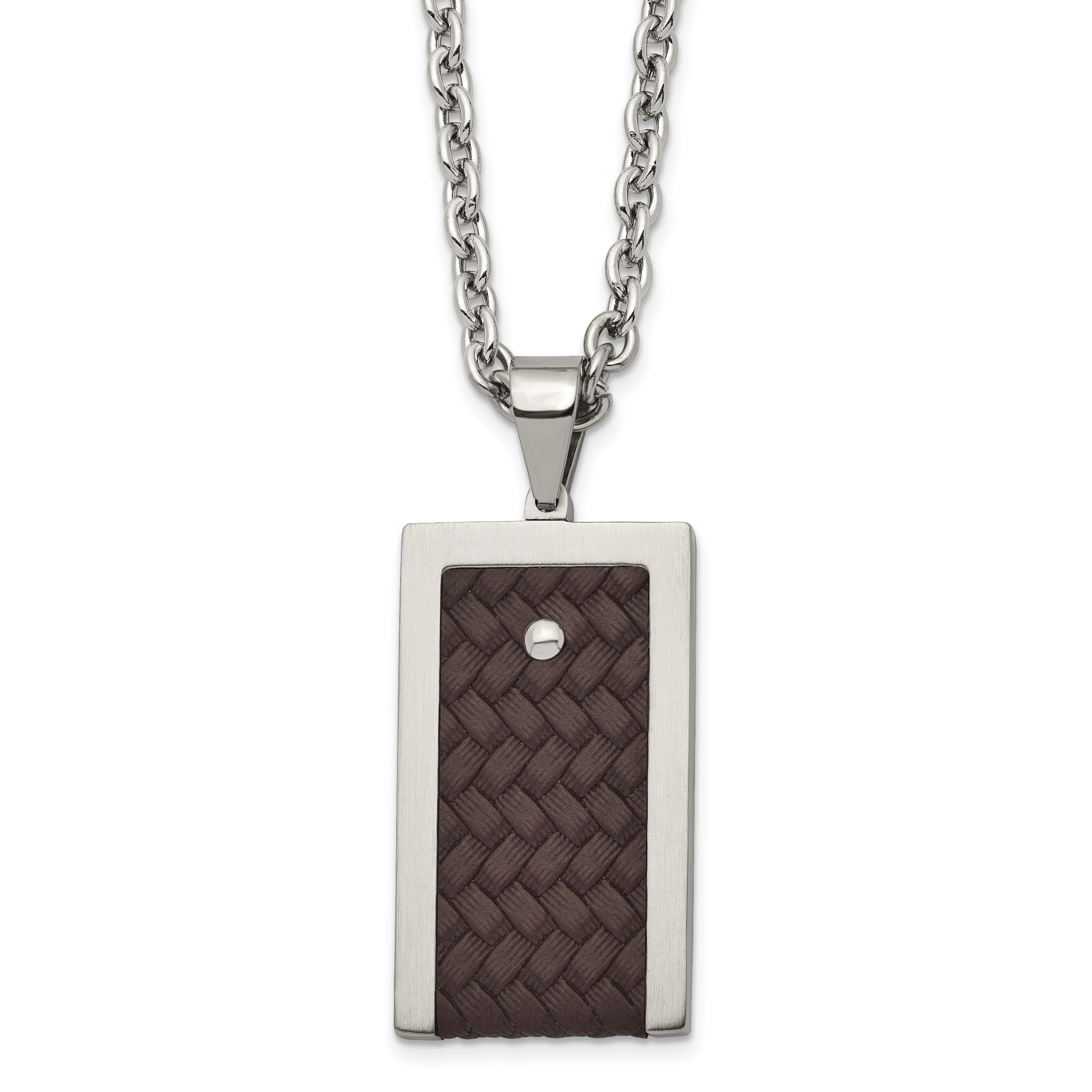 Stainless Steel Brushed & Polished Reversible w/Brown Leather Necklace Main image