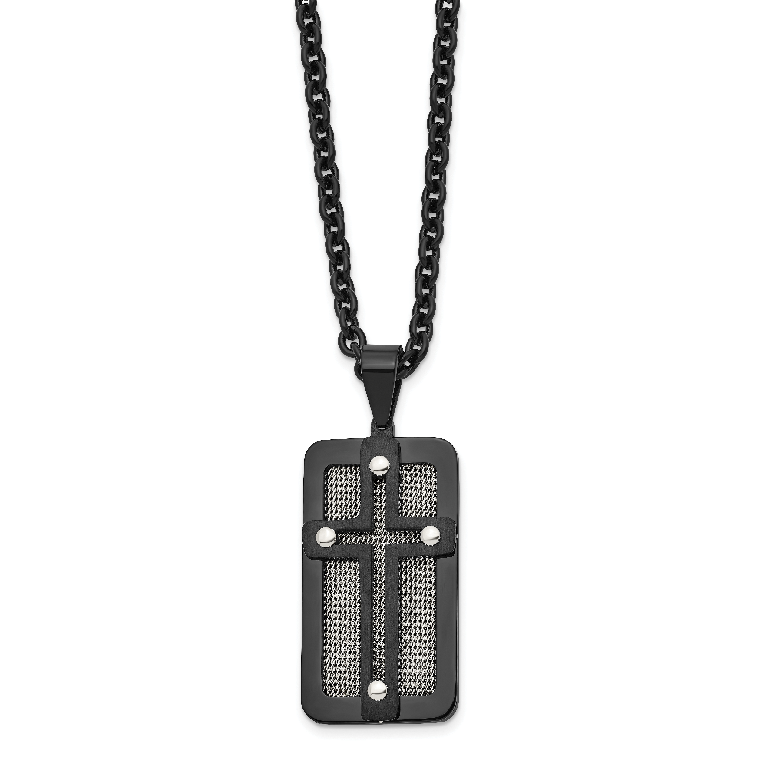 Stainless Steel Polished Black IP-plated w/ Wire Inlay Cross Necklace Main image