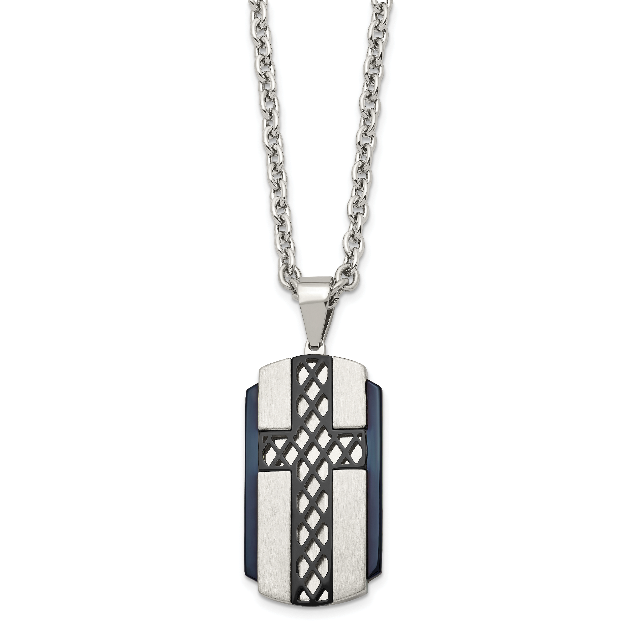 Black IP Cross Dog Tag Necklace in Stainless Steel, 24in