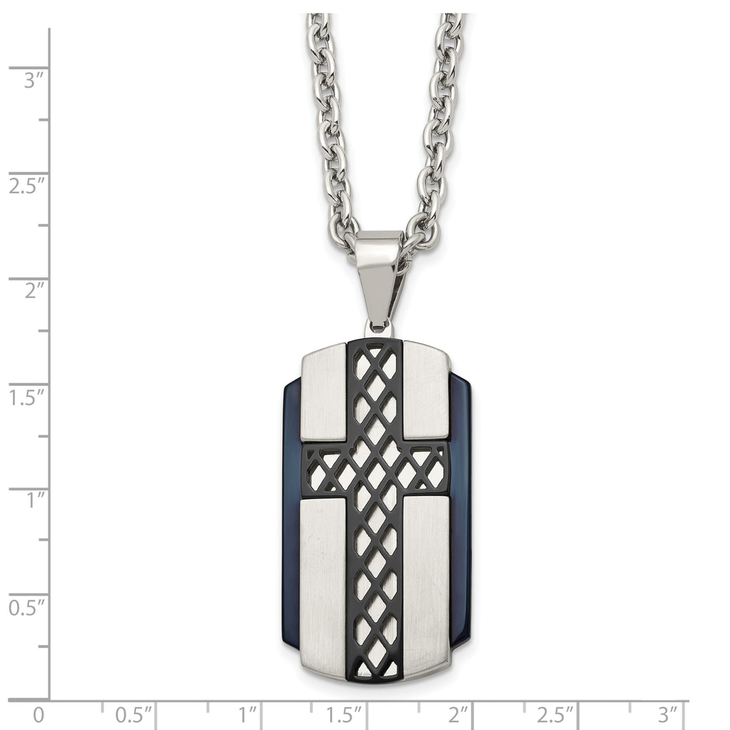 Black IP Cross Dog Tag Necklace in Stainless Steel, 24in