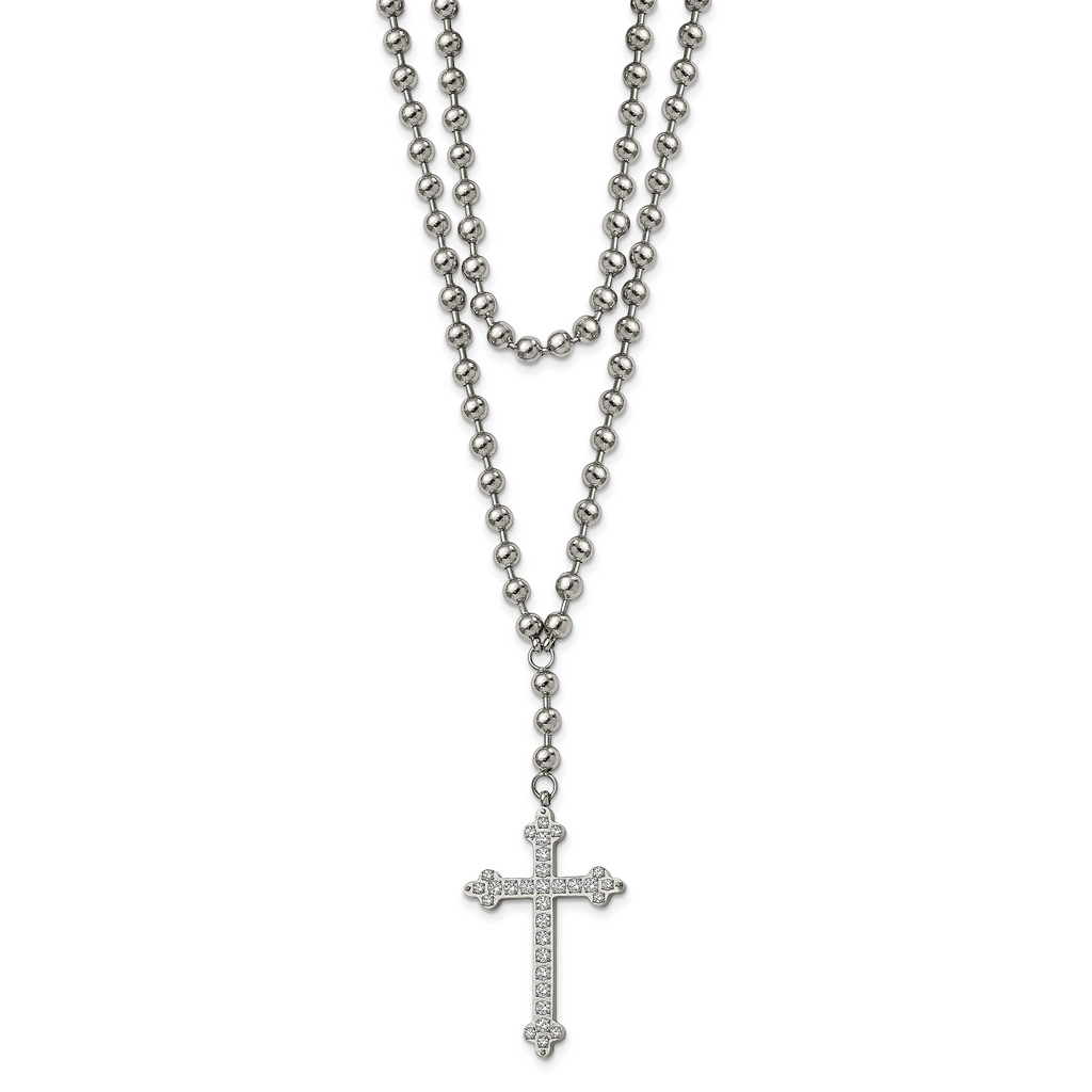 Cross & Crystal Two-Strand Beaded Necklace in Stainless Steel