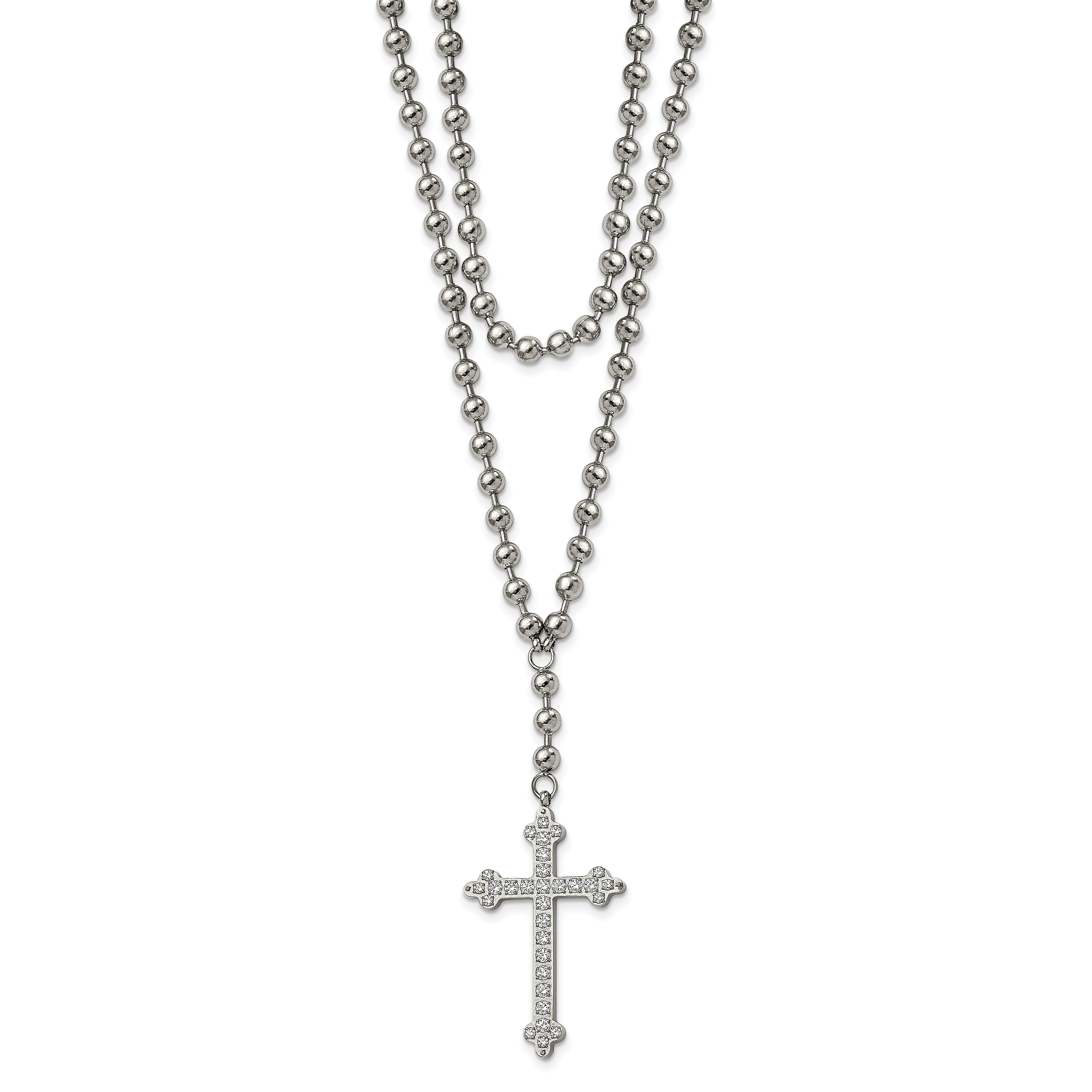 Cross & Crystal Two-Strand Beaded Necklace in Stainless Steel