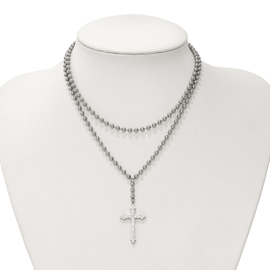 Cross & Crystal Two-Strand Beaded Necklace in Stainless Steel