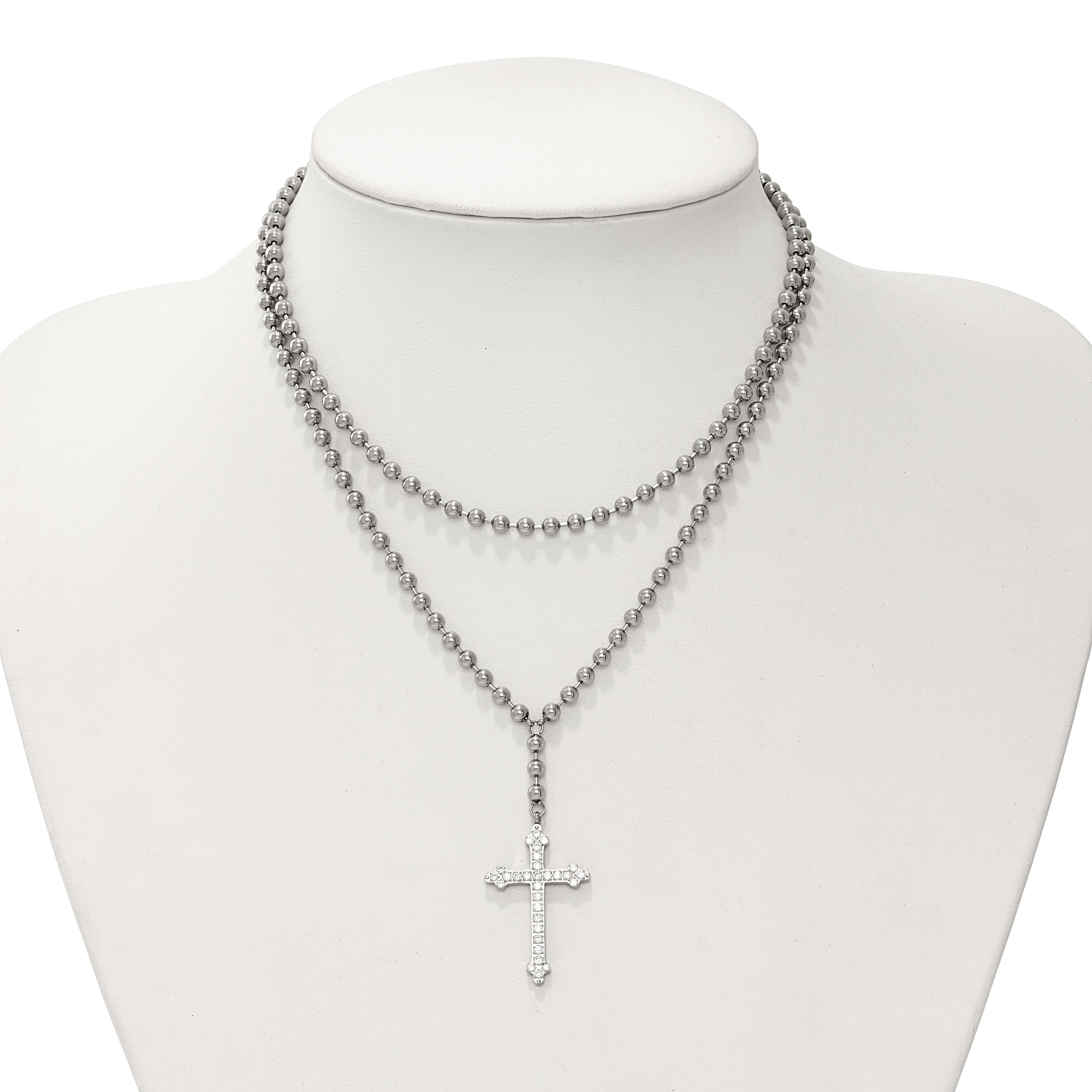 Cross & Crystal Two-Strand Beaded Necklace in Stainless Steel