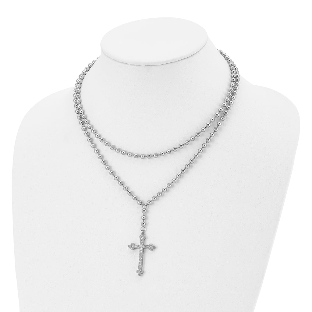 Cross & Crystal Two-Strand Beaded Necklace in Stainless Steel