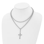 Cross & Crystal Two-Strand Beaded Necklace in Stainless Steel