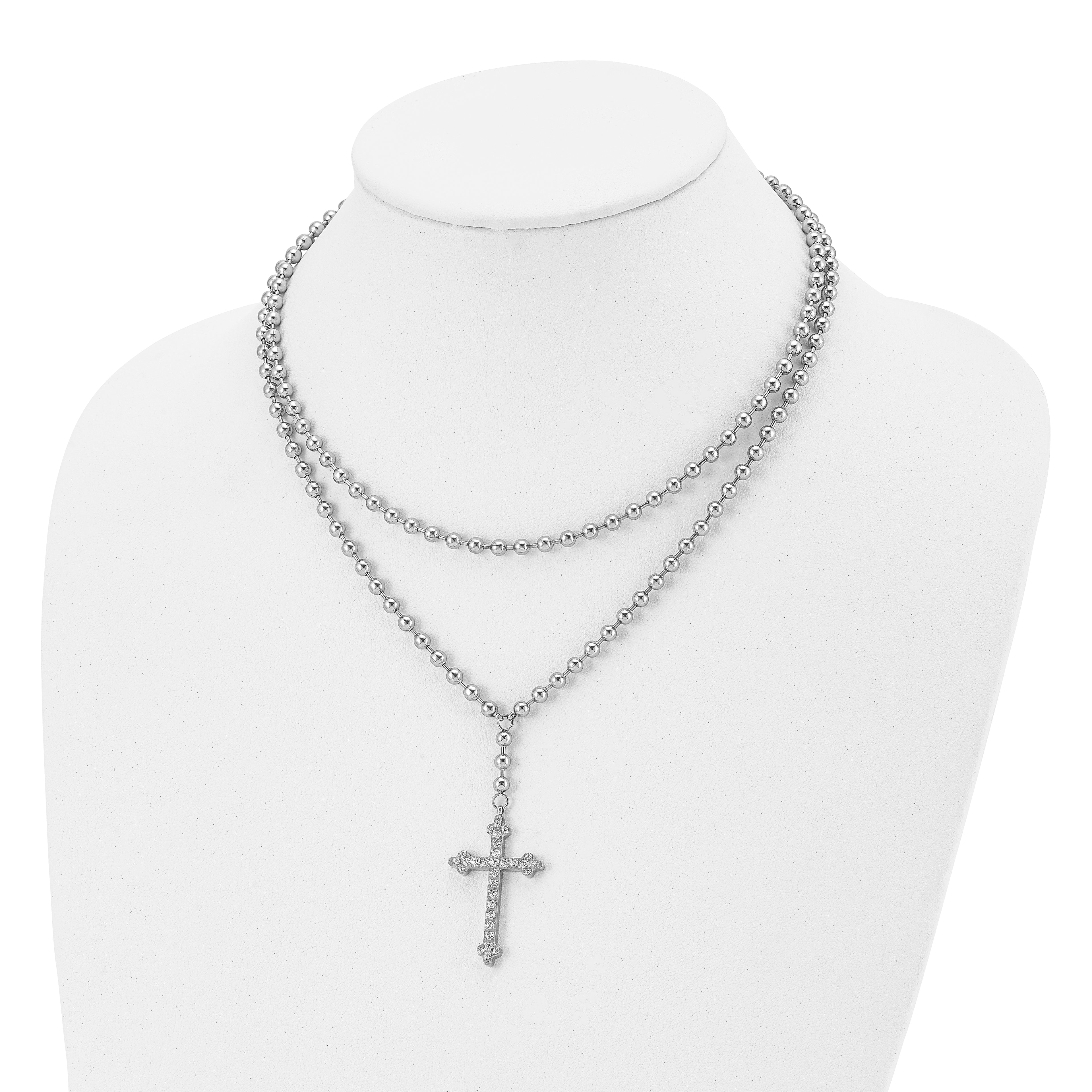 Cross & Crystal Two-Strand Beaded Necklace in Stainless Steel