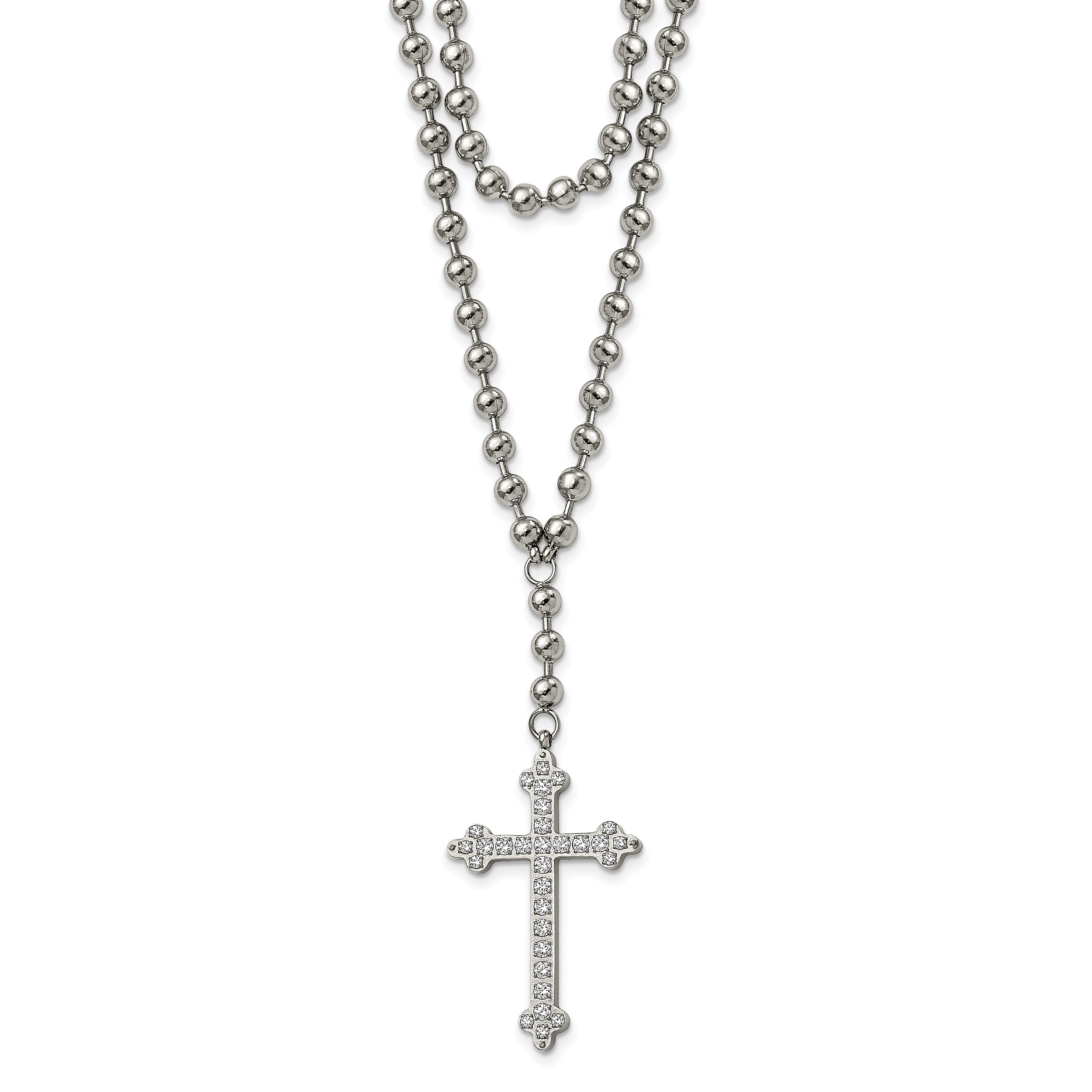 Stainless Steel Polished Cross w/Crystal Two Strand Beaded 16in Necklace Main image