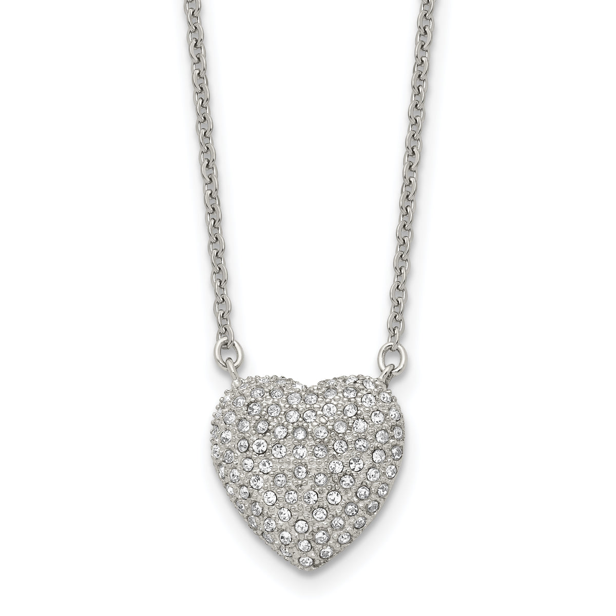 Chisel Stainless Steel Polished with Preciosa Crystal Heart on a 16 inch Cable Chain with a 2 inch Extension Necklace